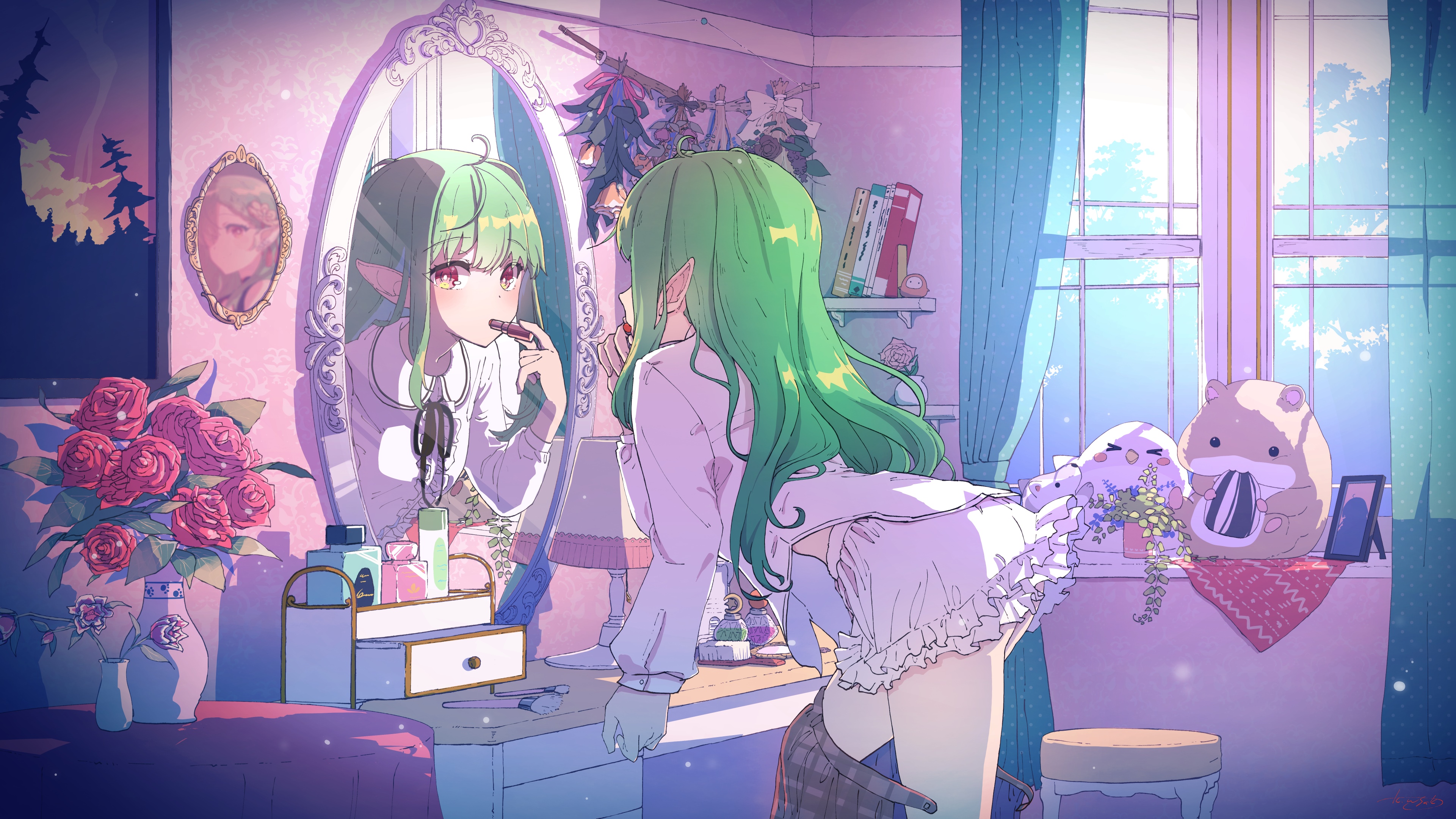 4K Virtual Youtuber with green hair applying makeup HD Wallpaper