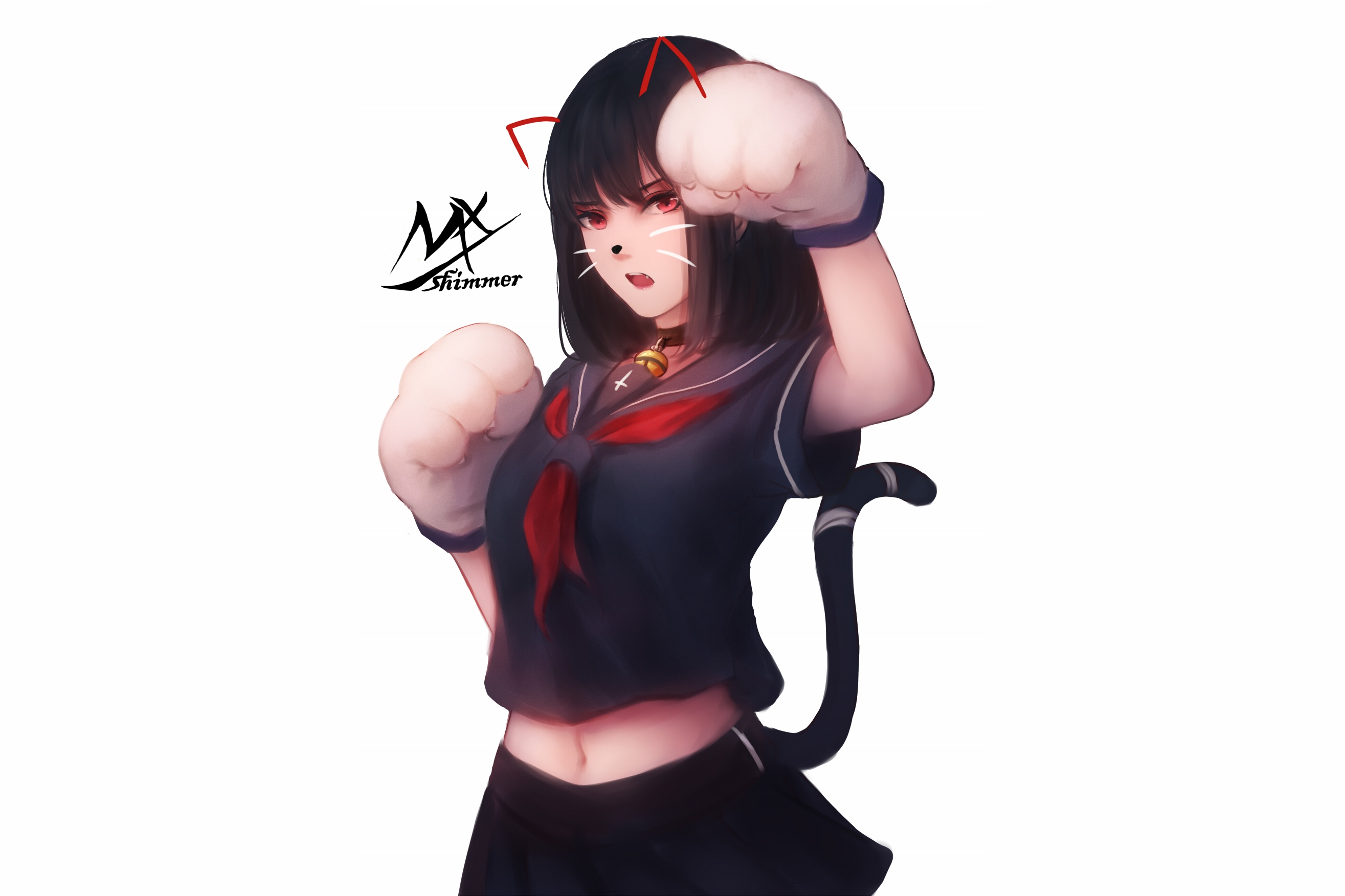 Anime girl in sailor uniform with cat ears and tail HD Wallpaper