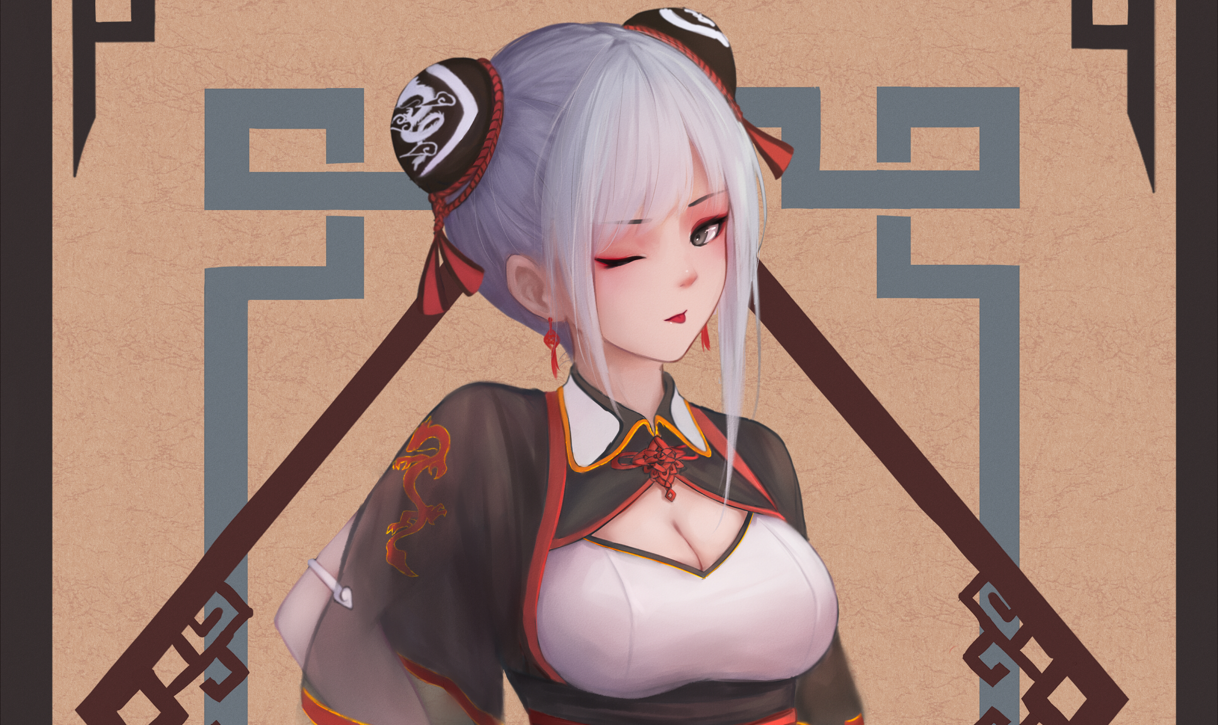 Anime girl with white hair and red accents HD Wallpaper