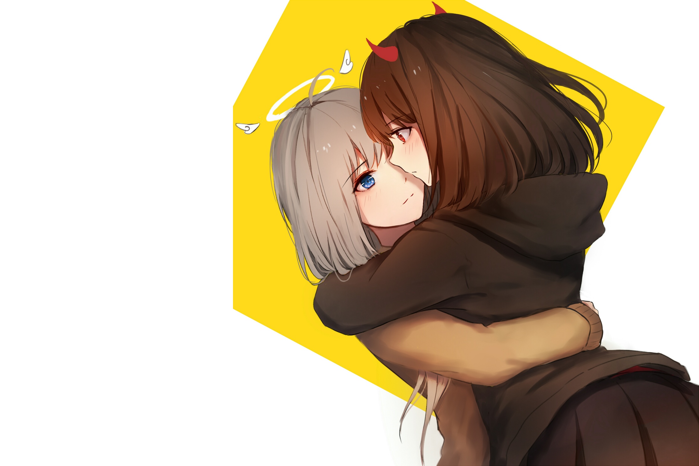 Two anime girls hugging, one with devil horns and one with a halo HD Wallpaper
