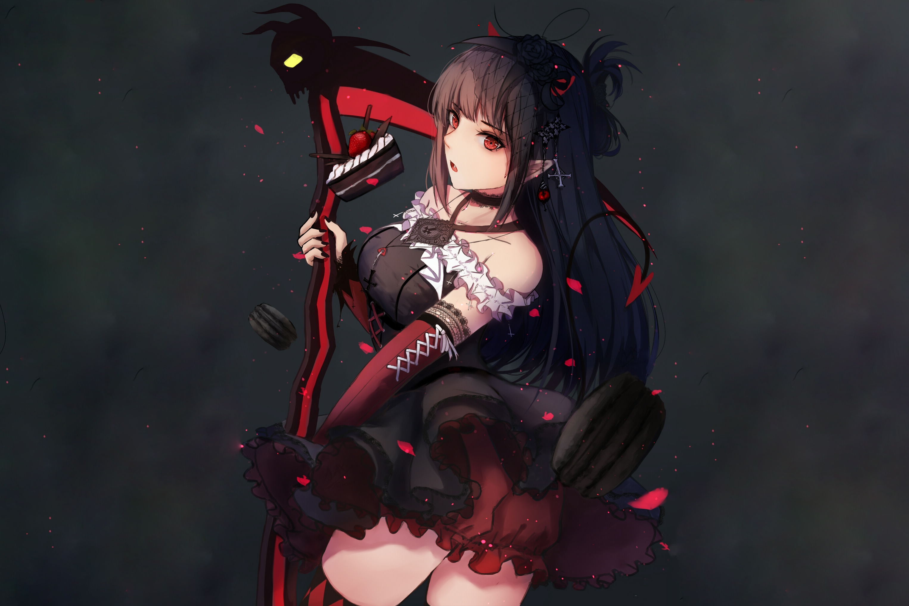 Anime girl with black hair and red eyes holding a scythe HD Wallpaper