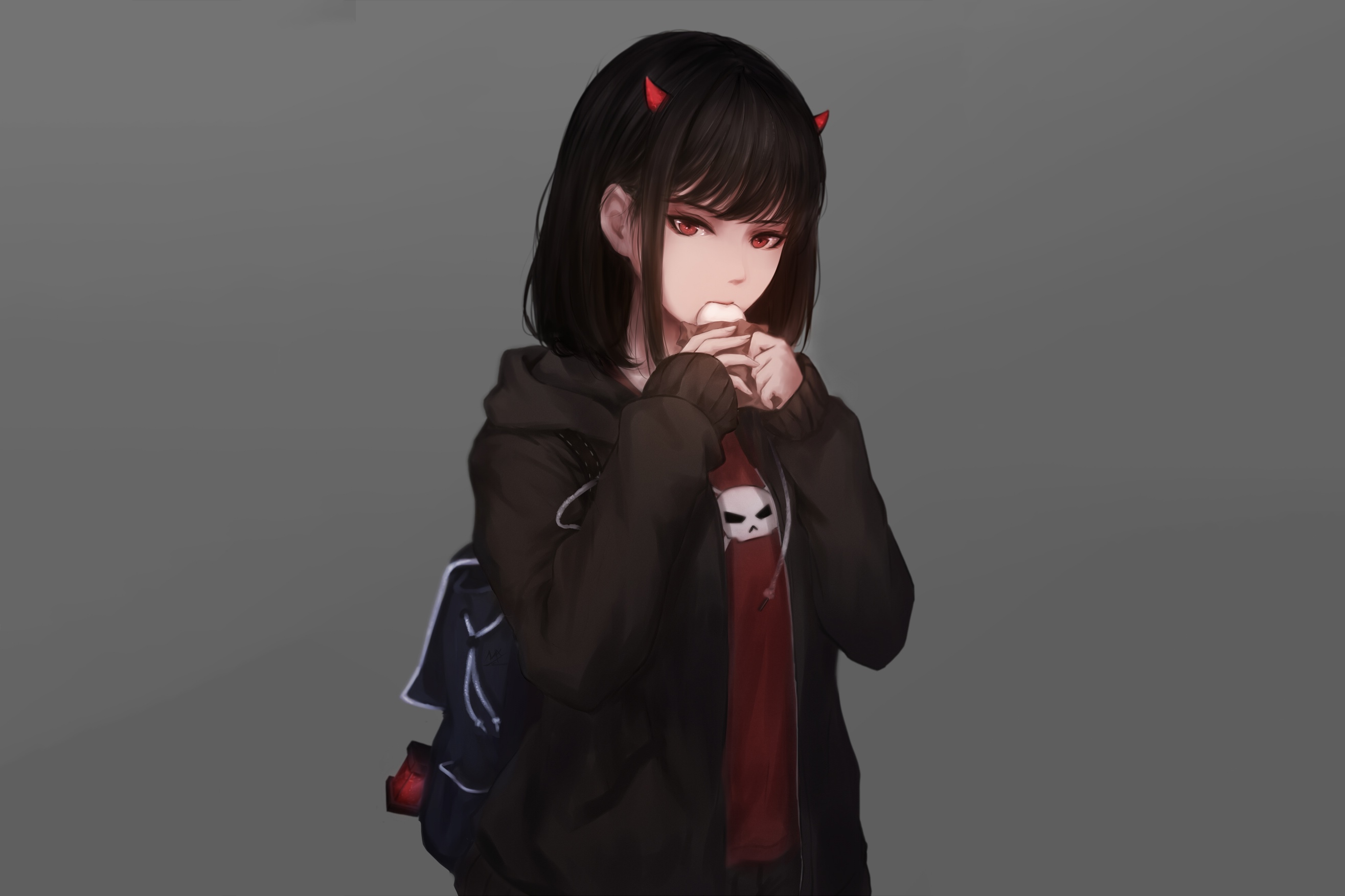 Anime girl with horns eating ice cream HD Wallpaper