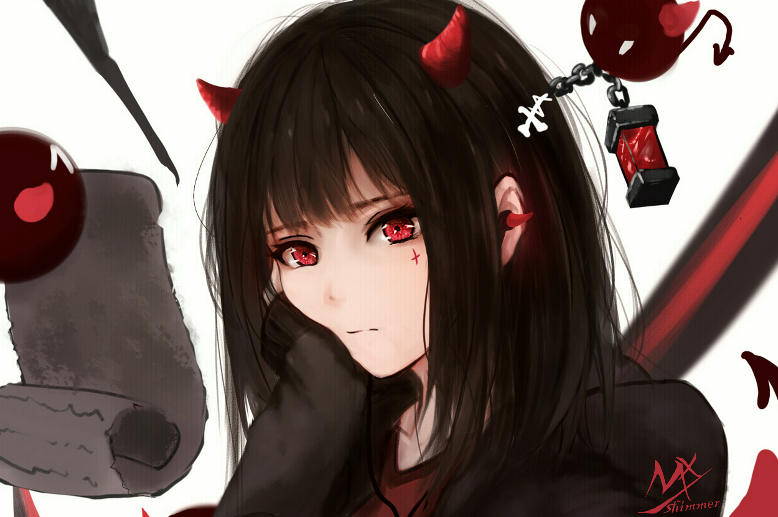 Demon girl with red eyes and horns, artwork by MX Shimmer HD Wallpaper
