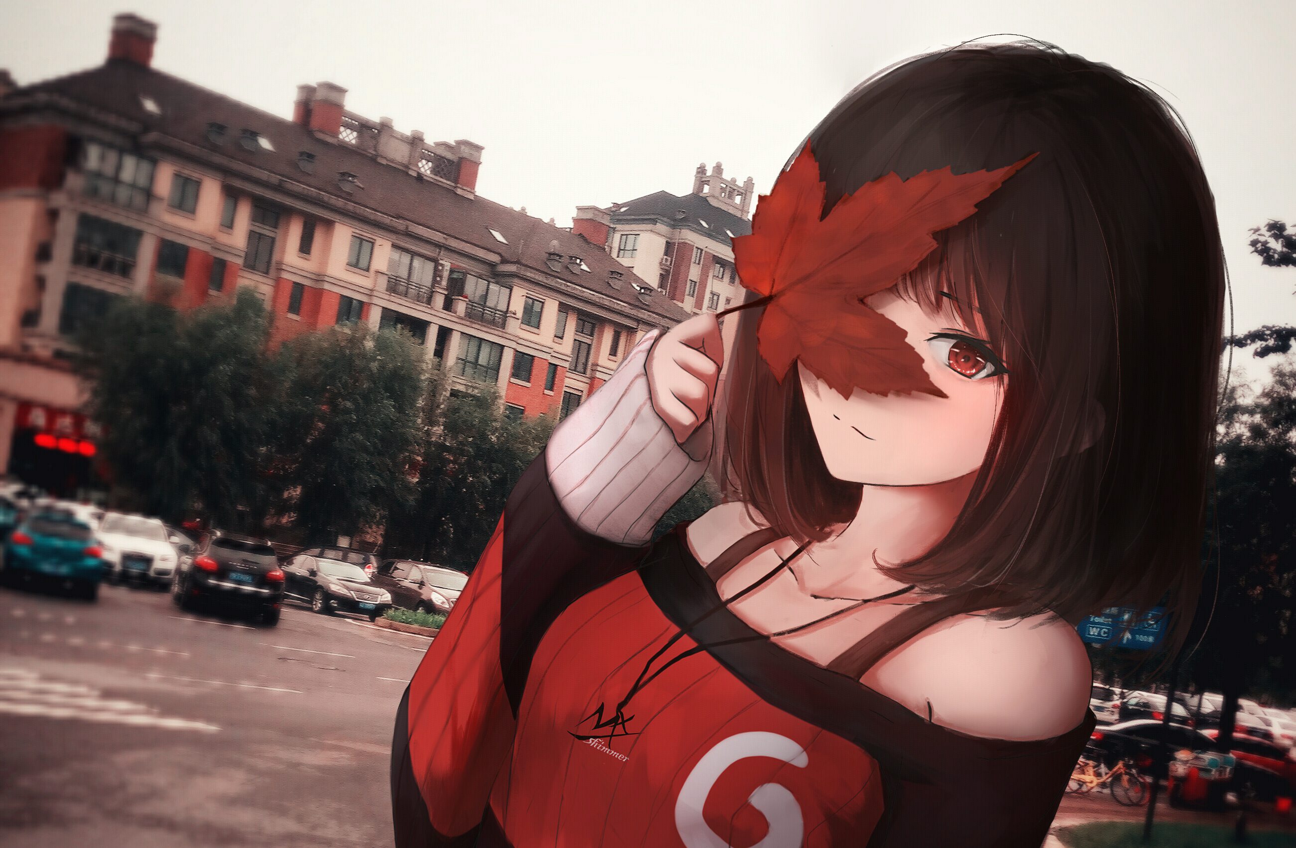 Anime girl with red leaf covering her eye HD Wallpaper