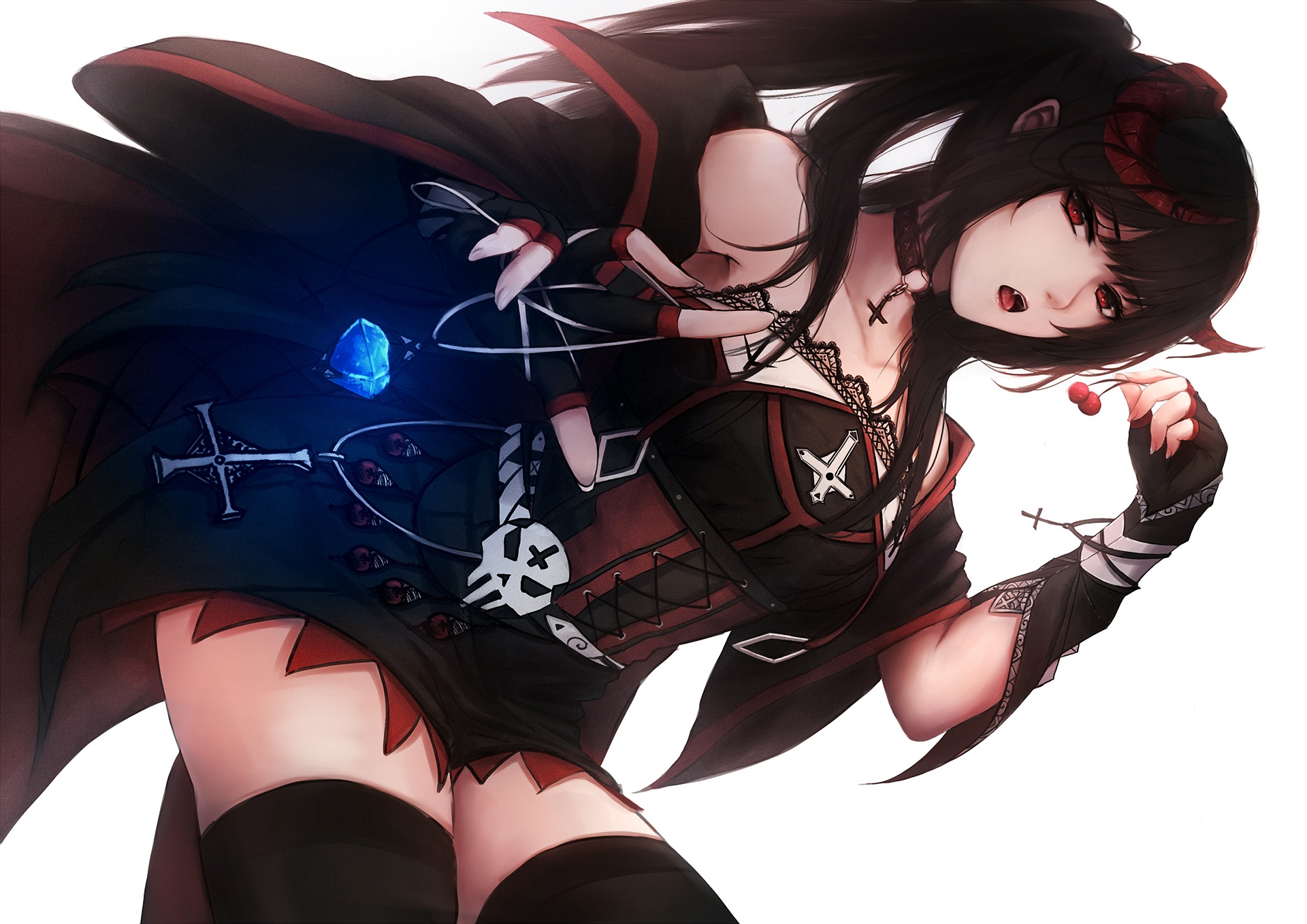 Gothic anime girl with red horns and a blue crystal HD Wallpaper