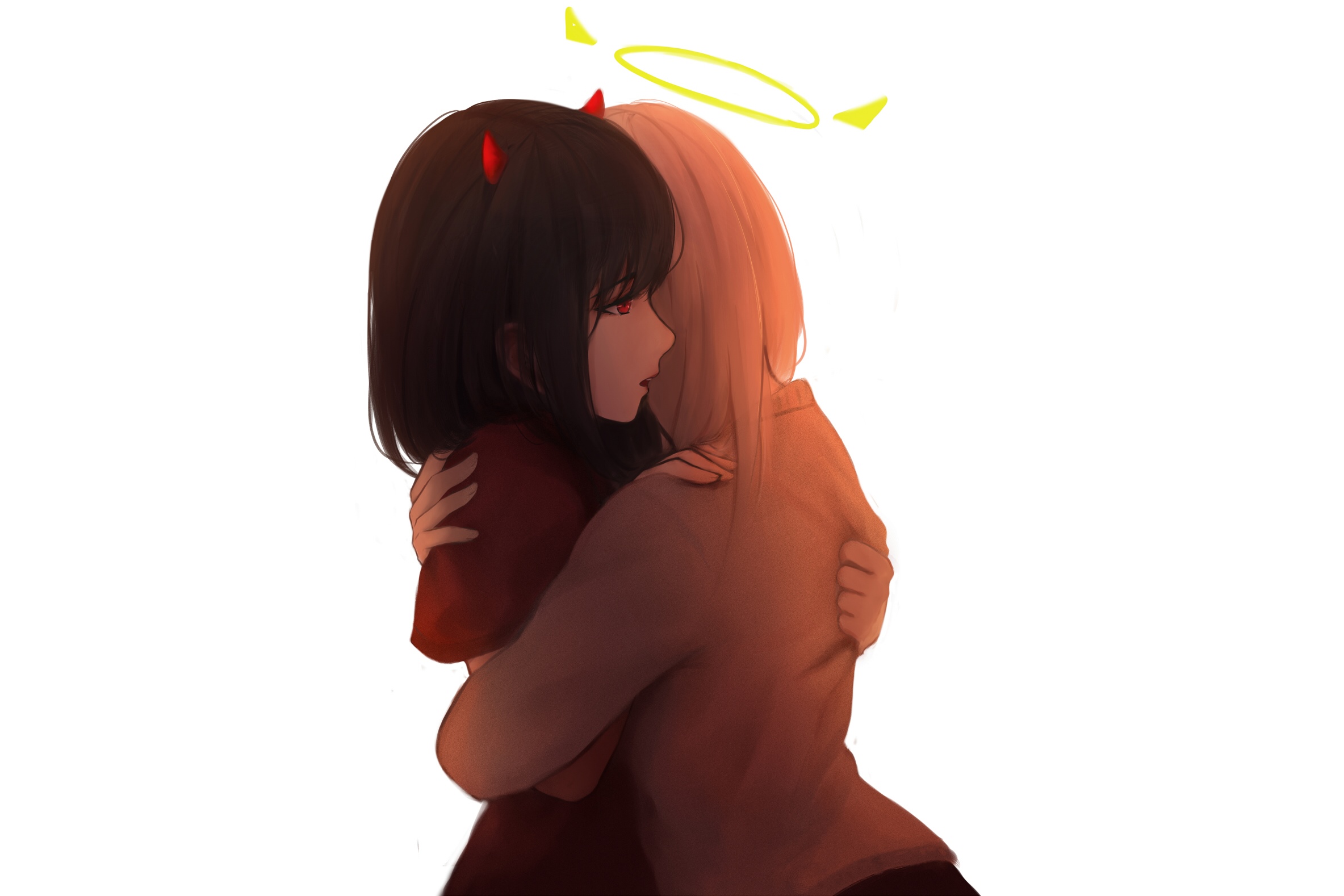 Anime girls with devil horns and halo hugging HD Wallpaper