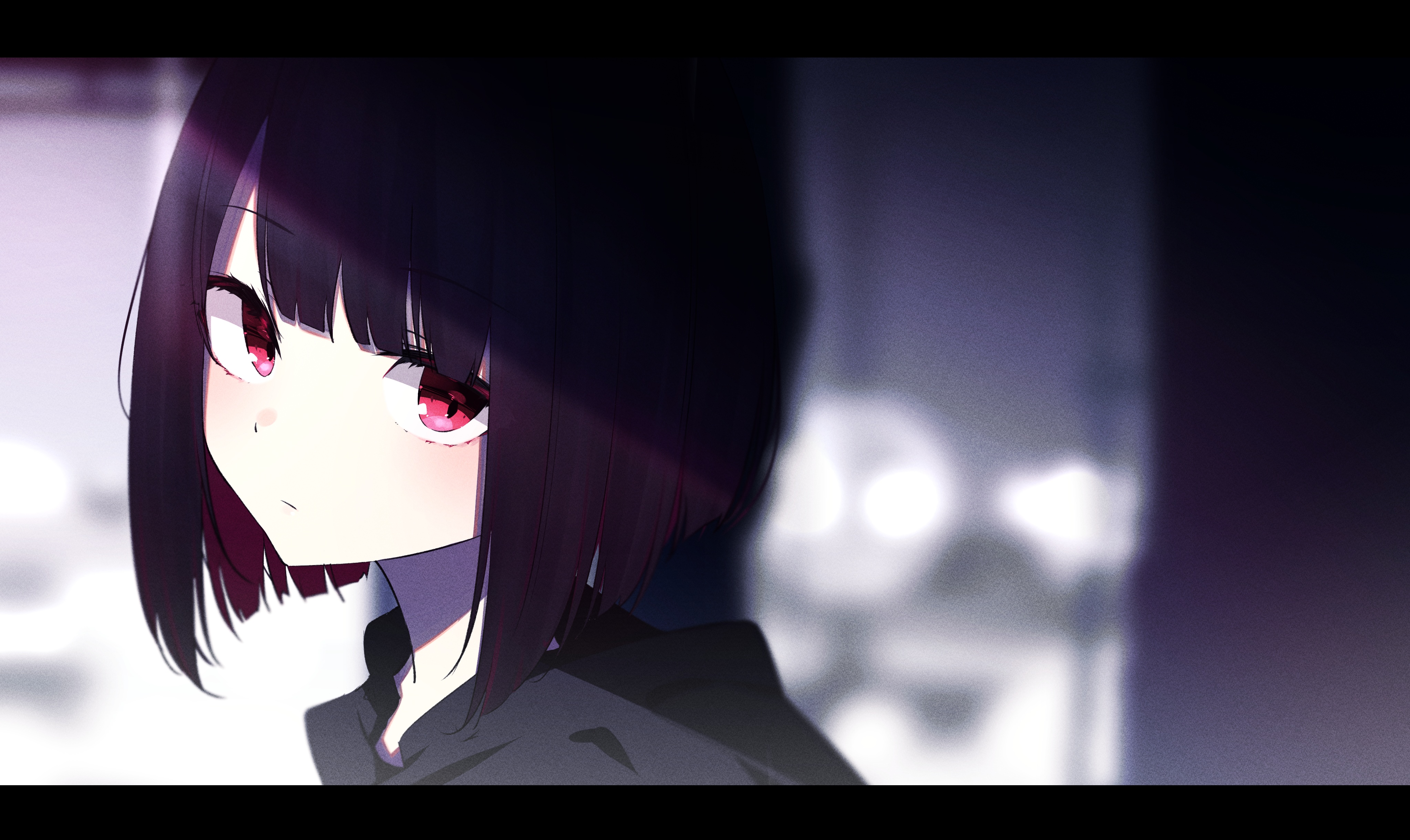 4K anime girl with purple hair and red eyes HD Wallpaper