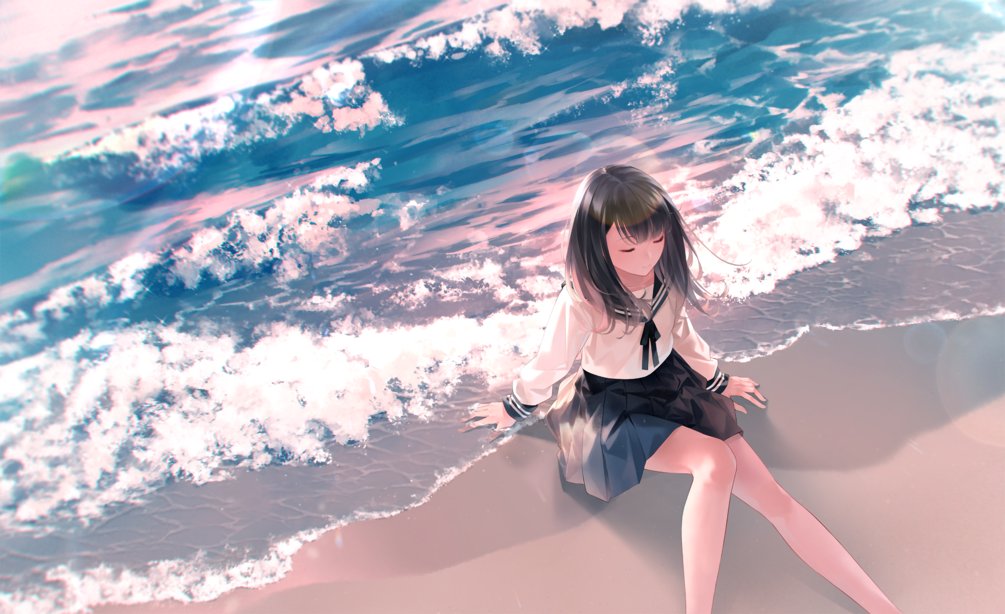Girl in sailor uniform sitting on a beach by the sea HD Wallpaper