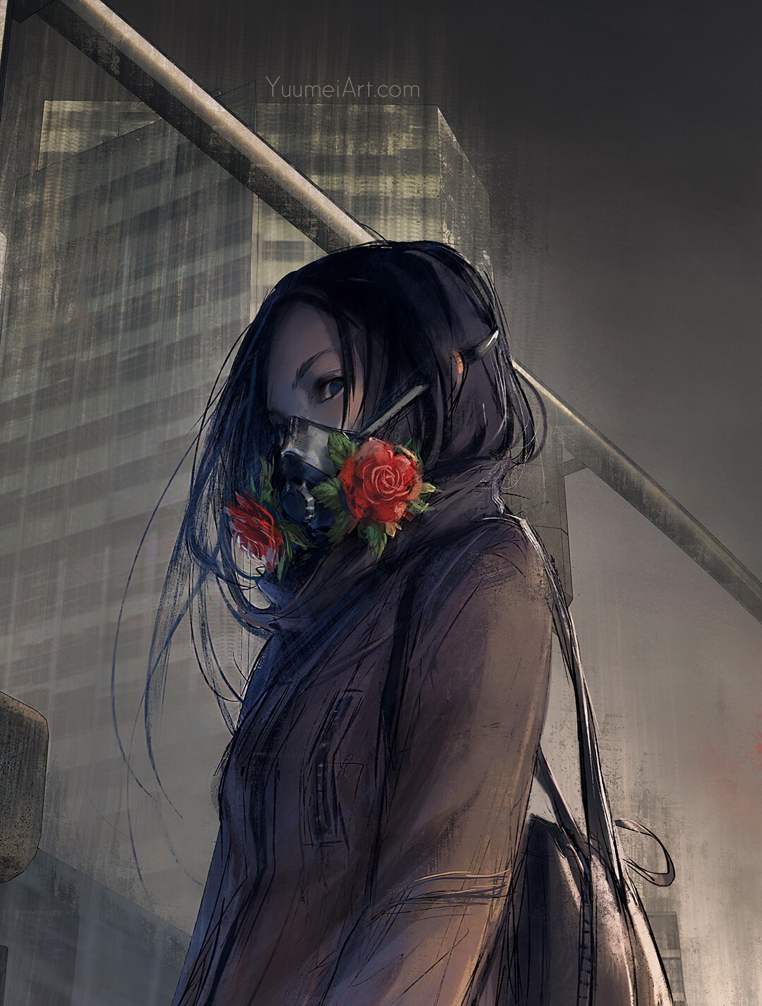 Yuumei artwork of a woman with a mask and roses HD Phone Wallpaper