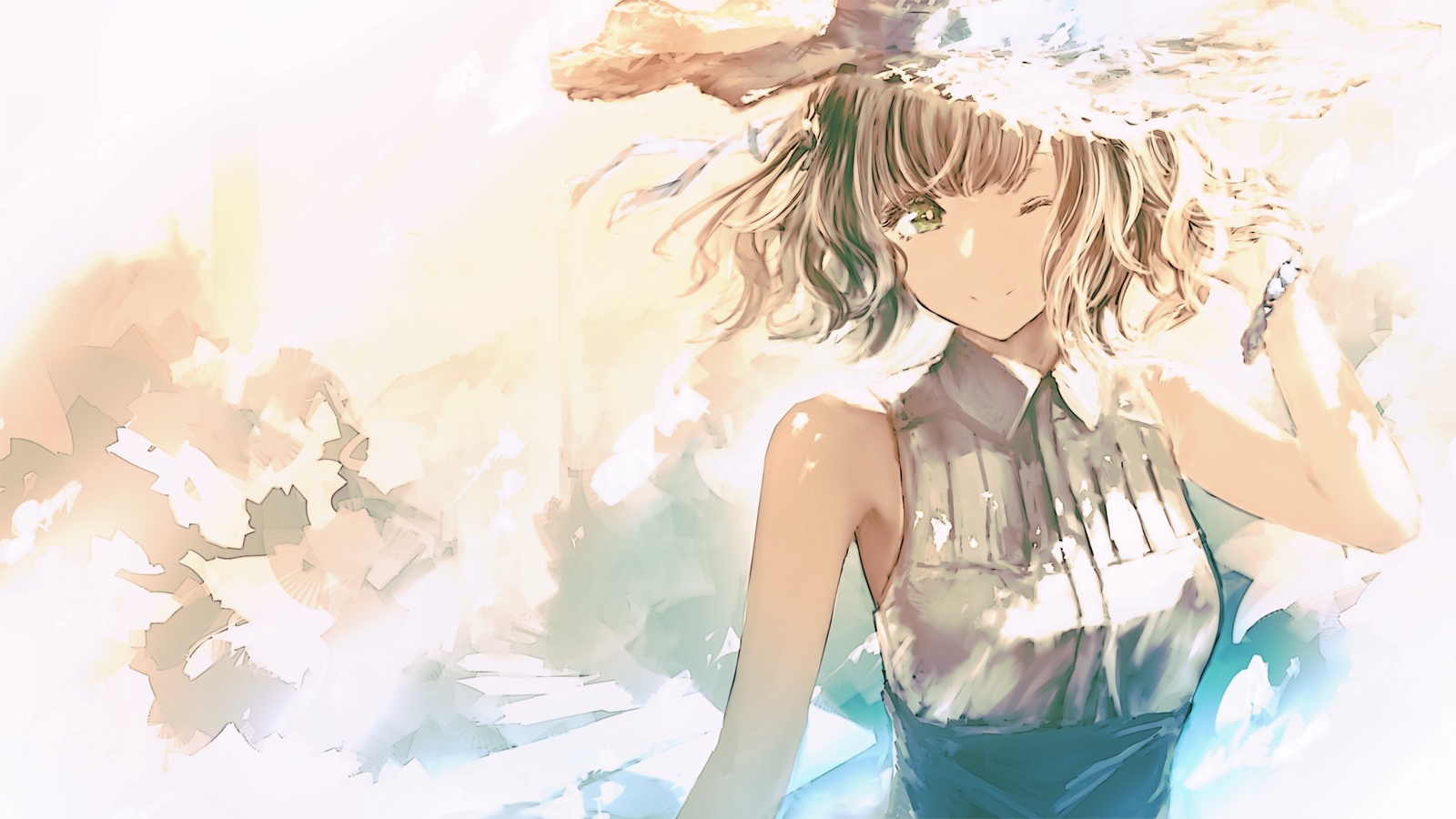 Girl with straw hat winks HD Wallpaper