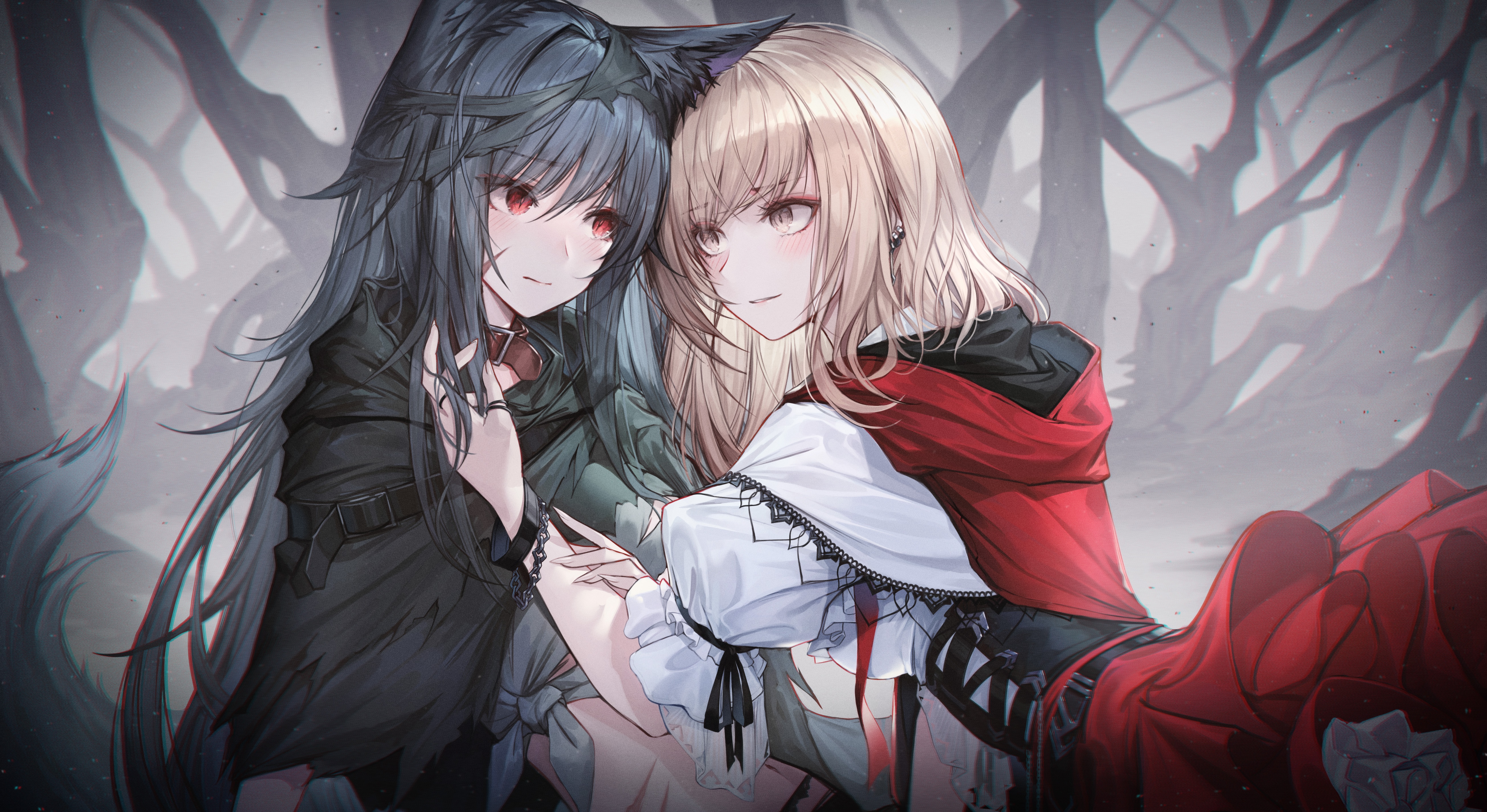 4K Blonde and Dark Haired Wolf Girls in Forest HD Wallpaper