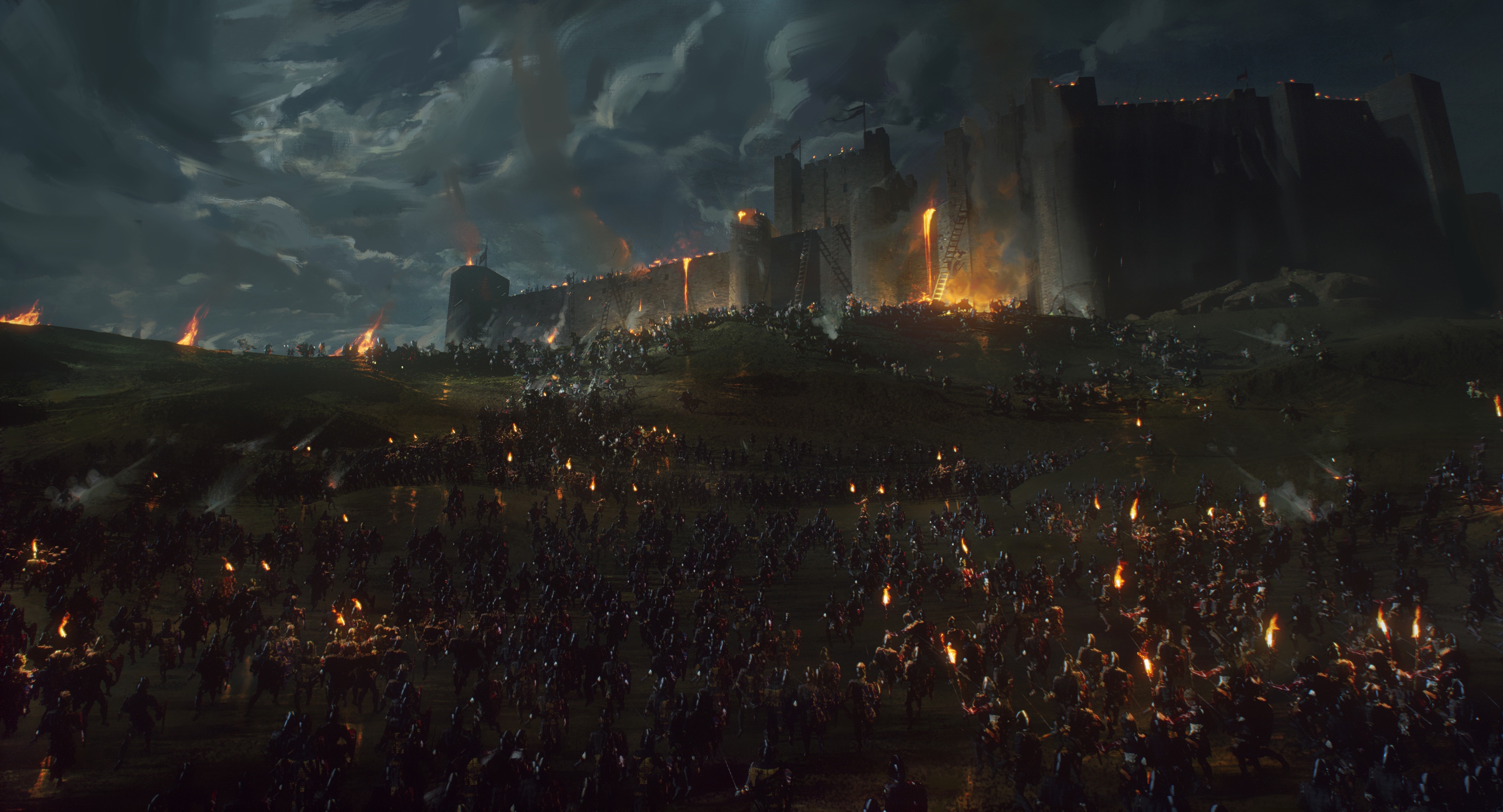4K night battle at a burning castle HD Wallpaper