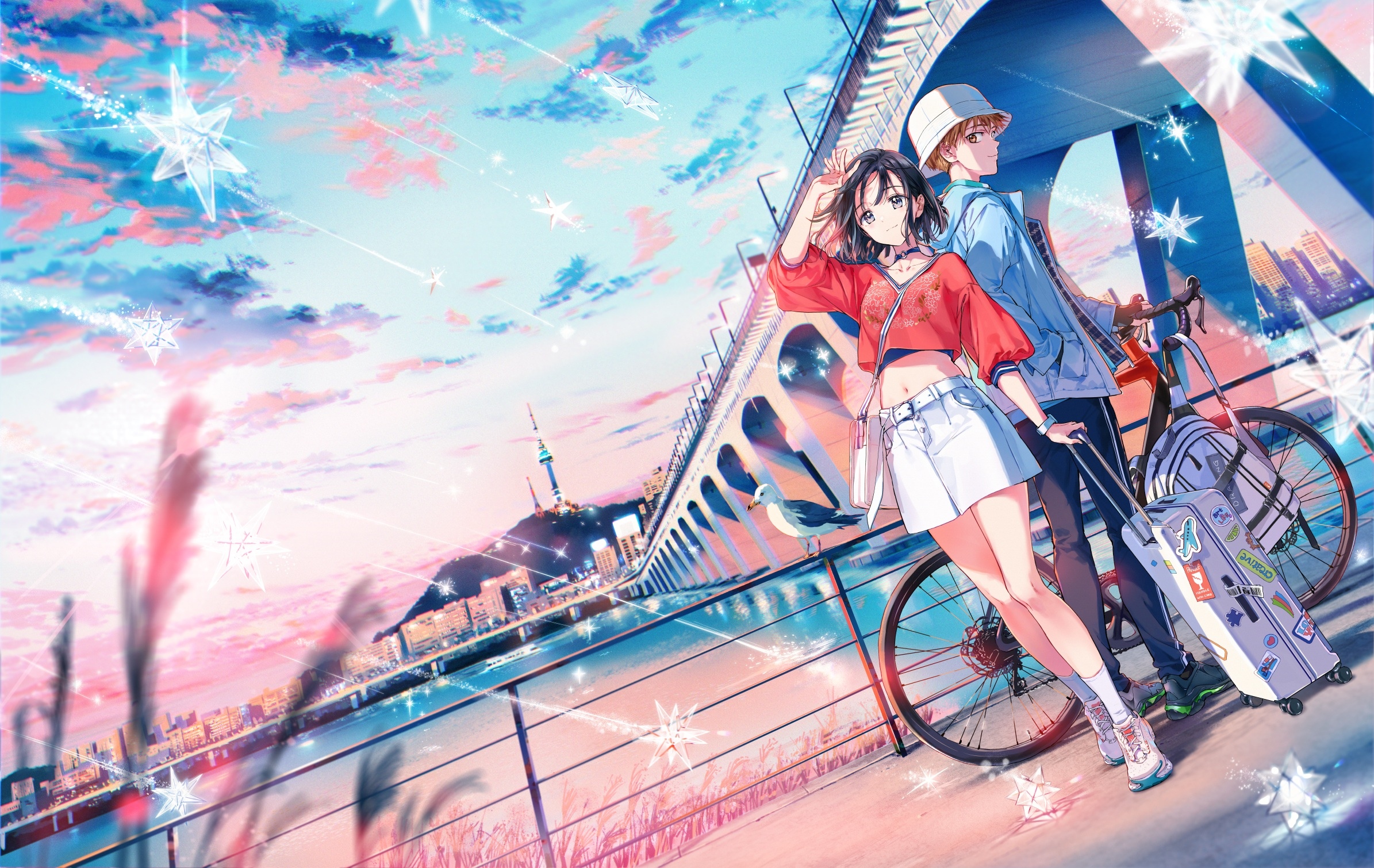 Couple with bicycle and suitcase on a bridge HD Wallpaper