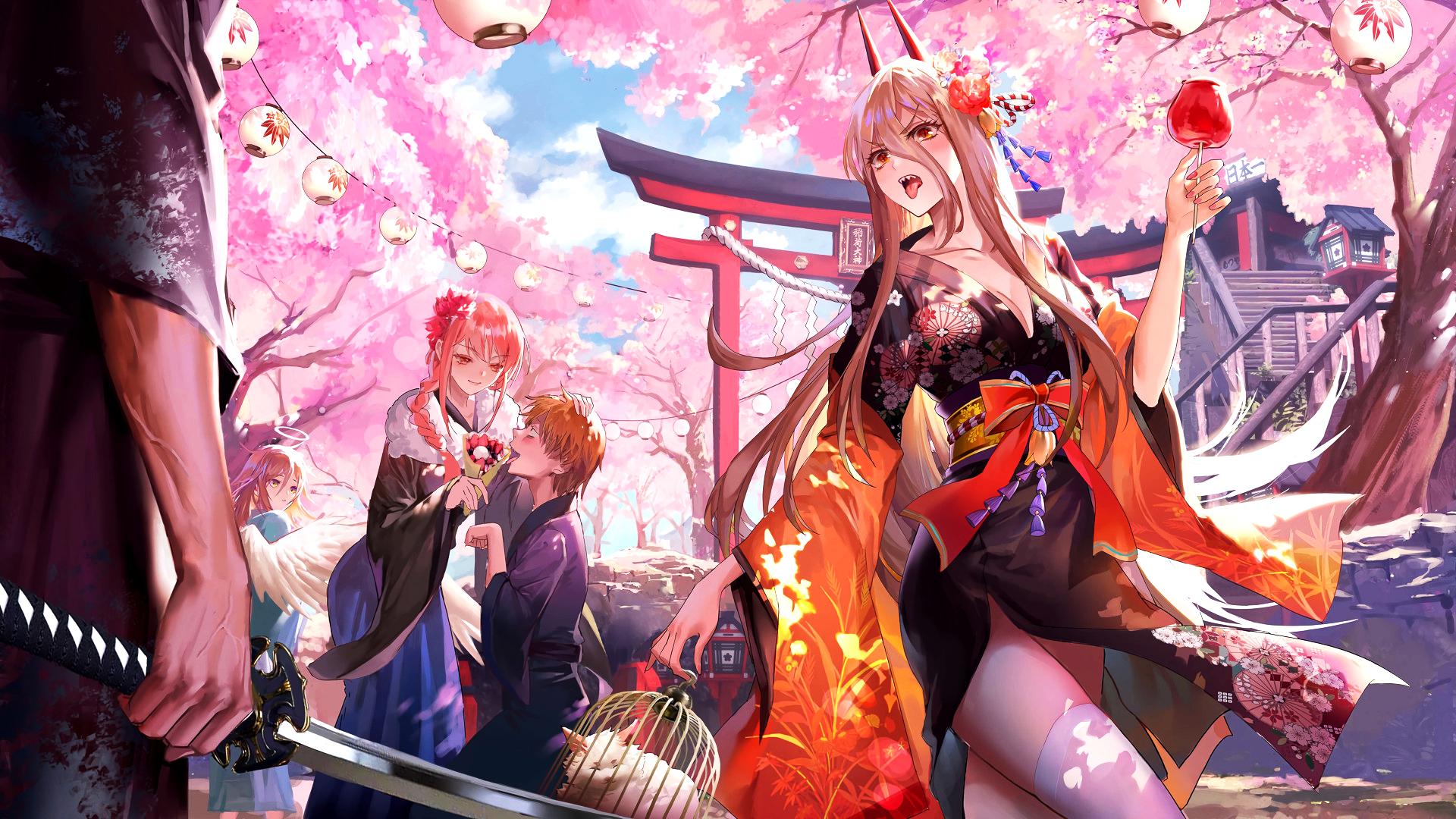 Power and friends at a cherry blossom festival HD Wallpaper