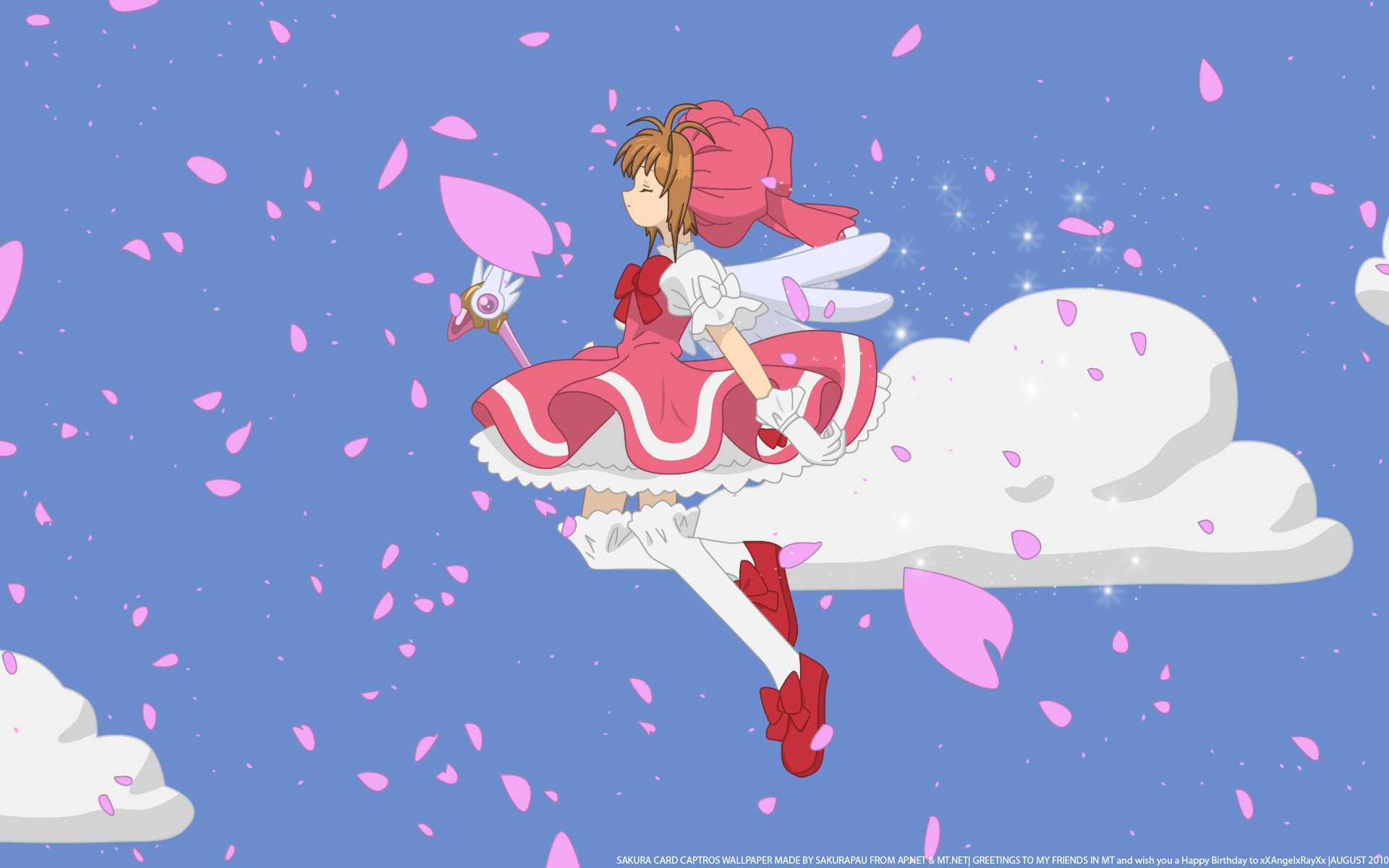 Sakura Kinomoto on a cloud with falling petals HD Wallpaper