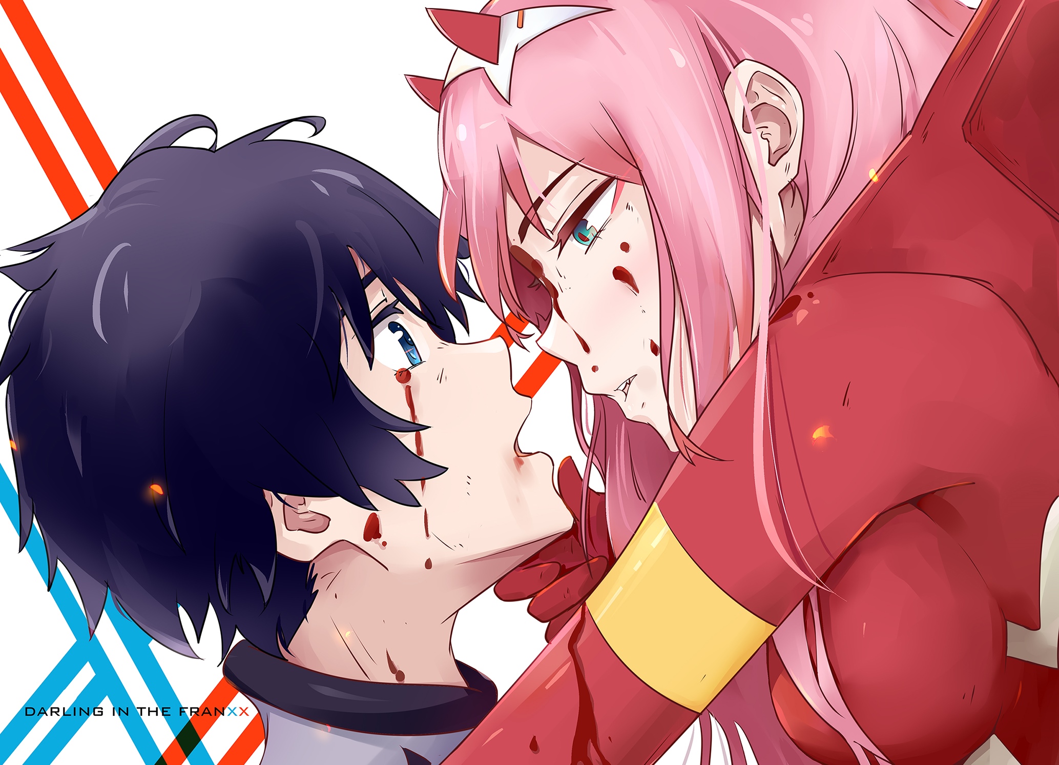 Zero Two and Hiro covered in blood from Darling in the FranXX HD Wallpaper