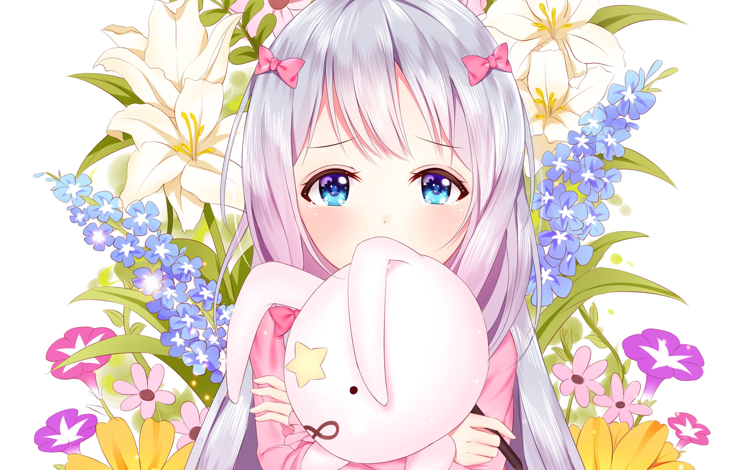 Izumi Sagiri with a plush toy and flowers HD Wallpaper