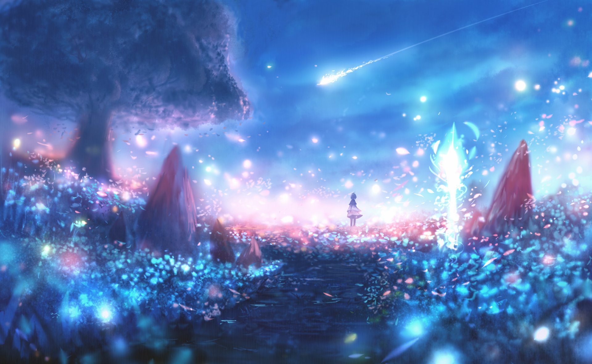 A girl stands in a field of glowing flowers under a shooting star HD Wallpaper