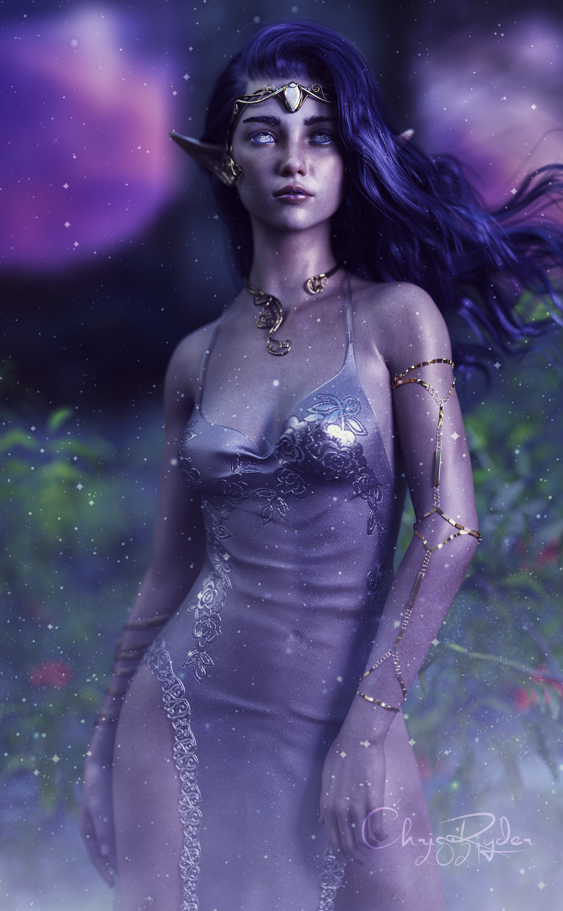 Fantasy elf woman with purple hair and ornate jewelry HD Phone Wallpaper