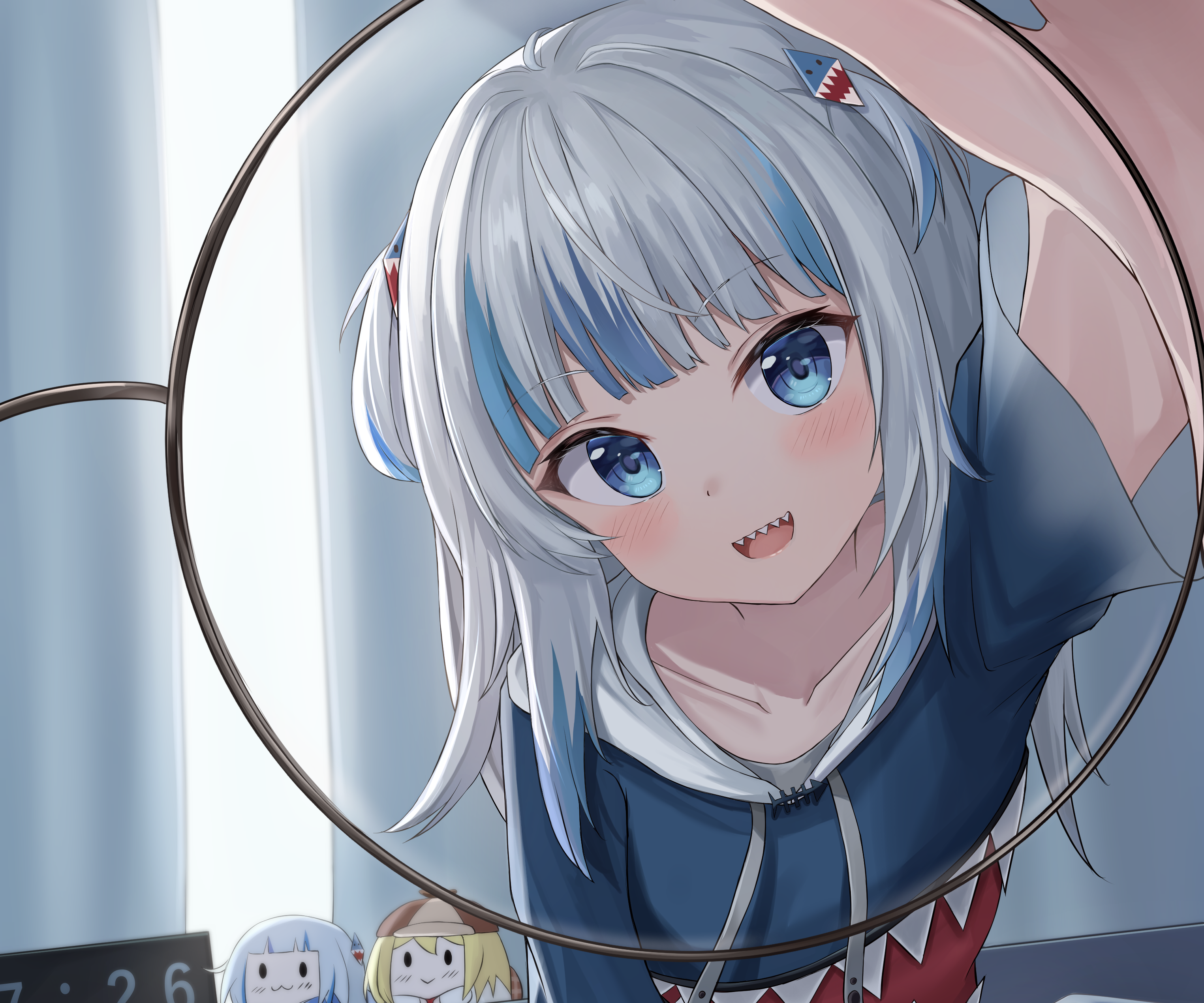 Gawr Gura peeking through a magnifying glass HD Wallpaper