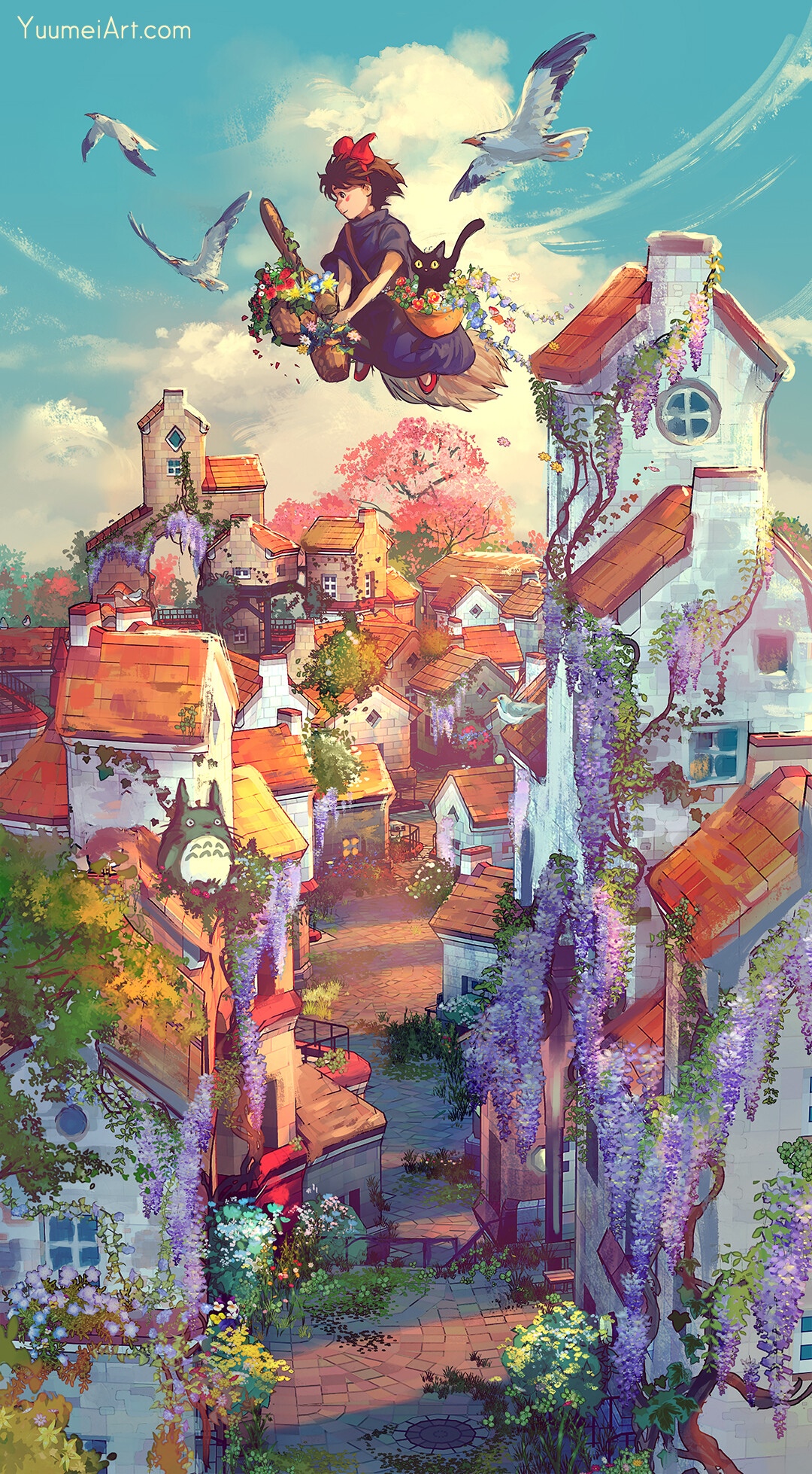 Kiki and Jiji flying over a town with Totoro HD Phone Wallpaper