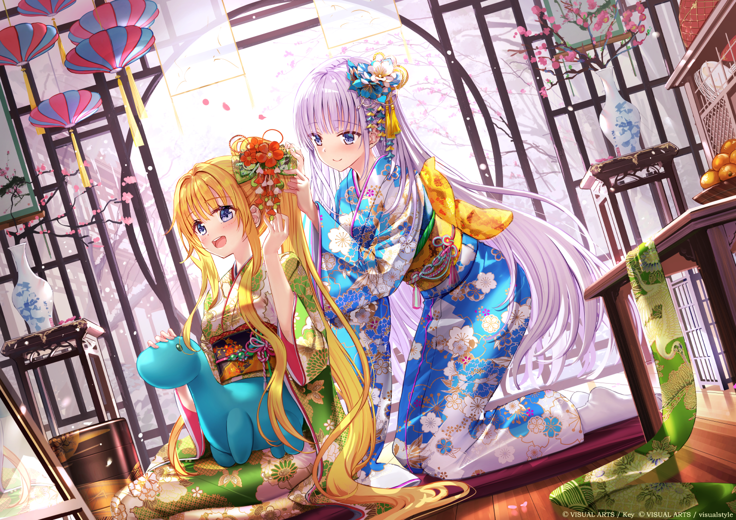 Summer Pockets: Two girls in kimonos with a blue creature HD Wallpaper