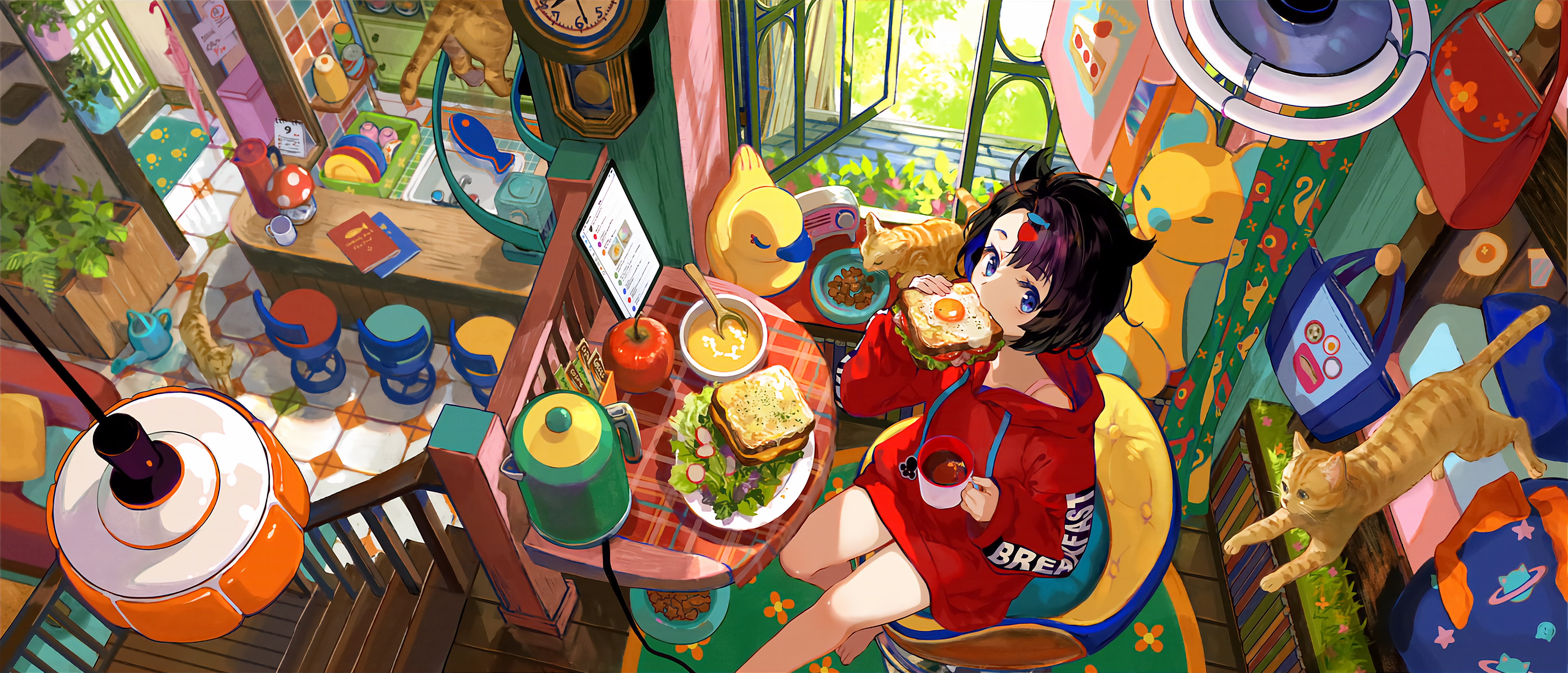 Anime girl eating breakfast with cats HD Wallpaper