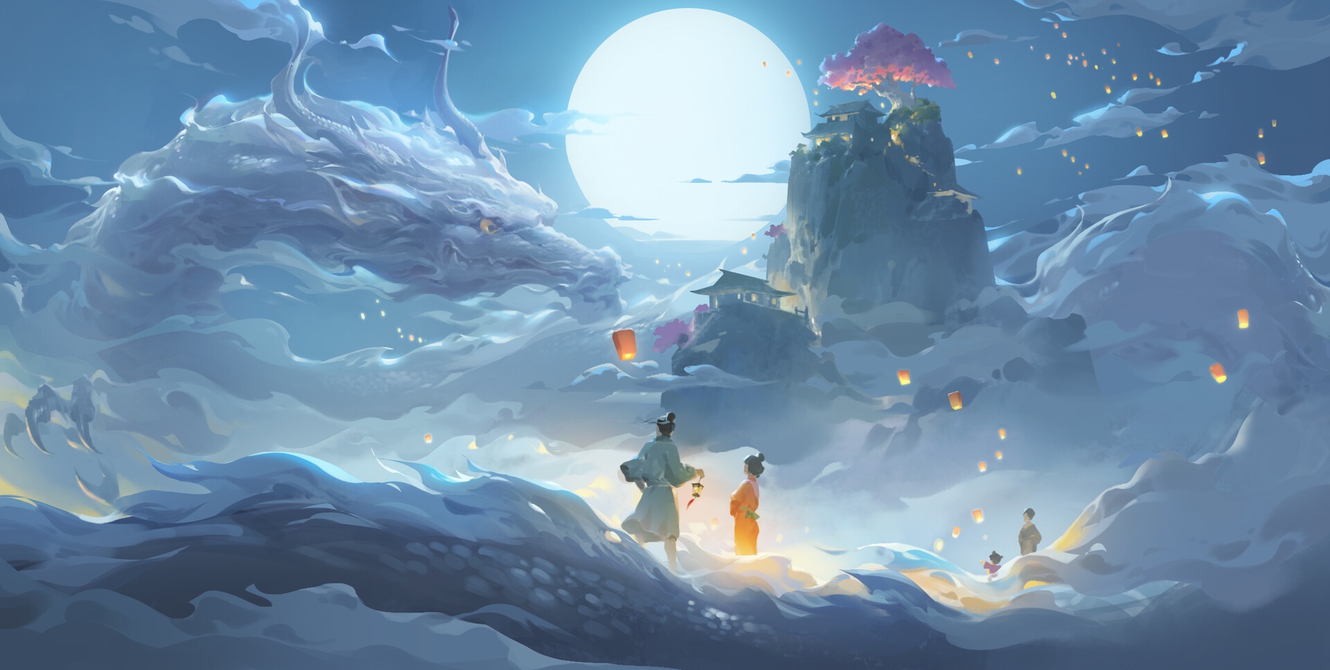 Chinese dragon and people under a large moon HD Wallpaper