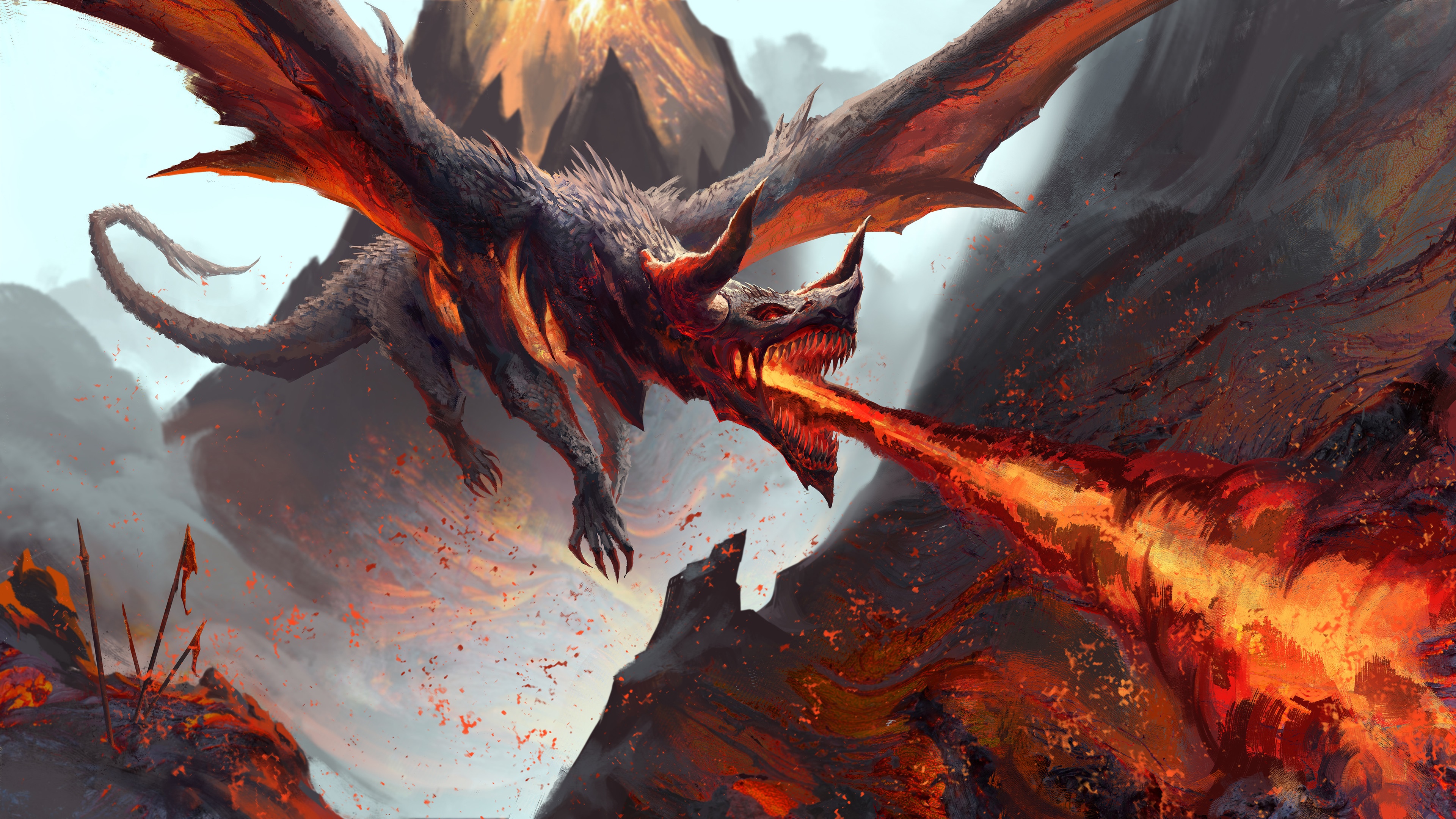 4K Dragon breathing fire near a volcano HD Wallpaper