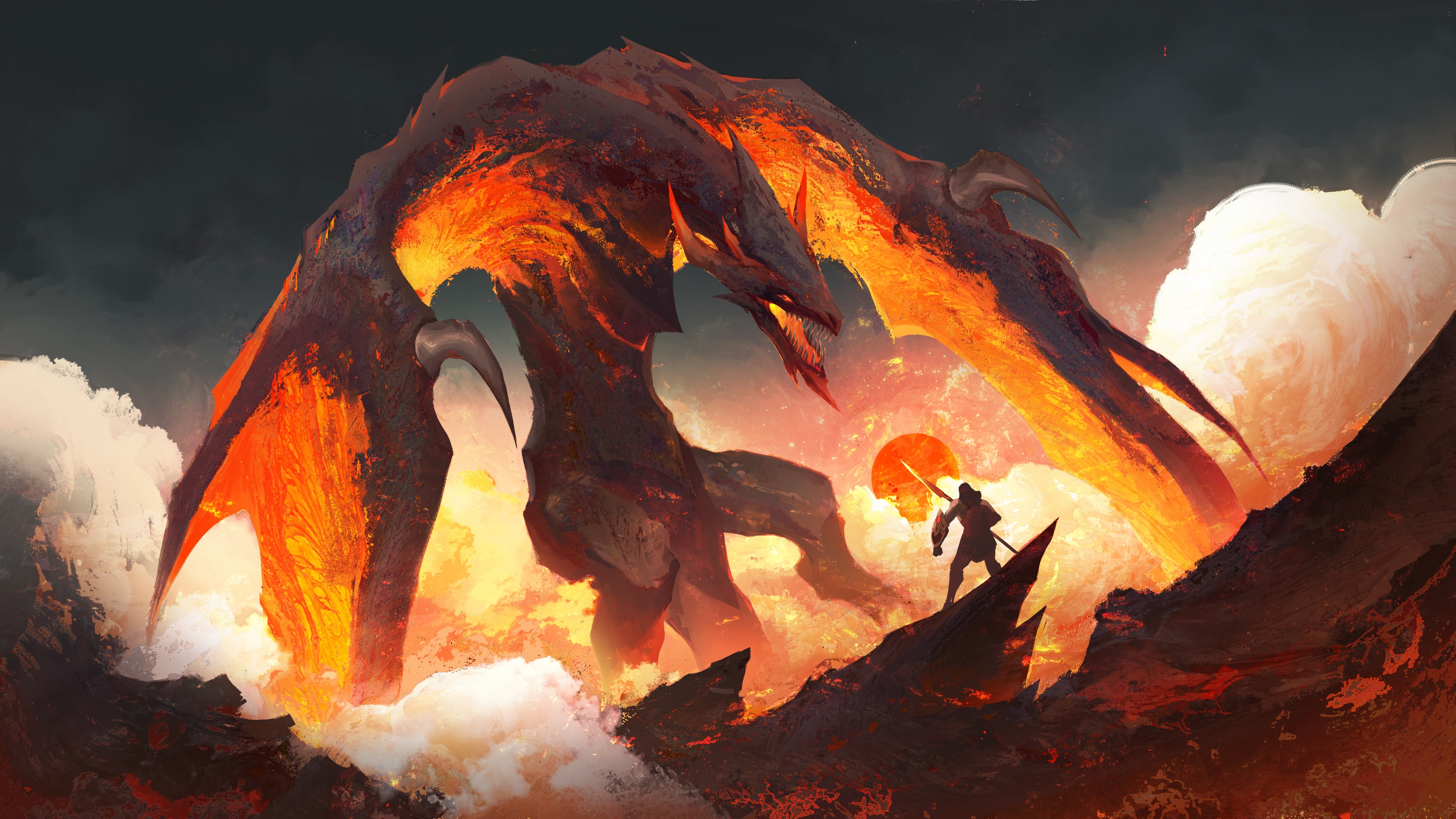 4K Fantasy Art of a Wyvern and Warrior HD Wallpaper