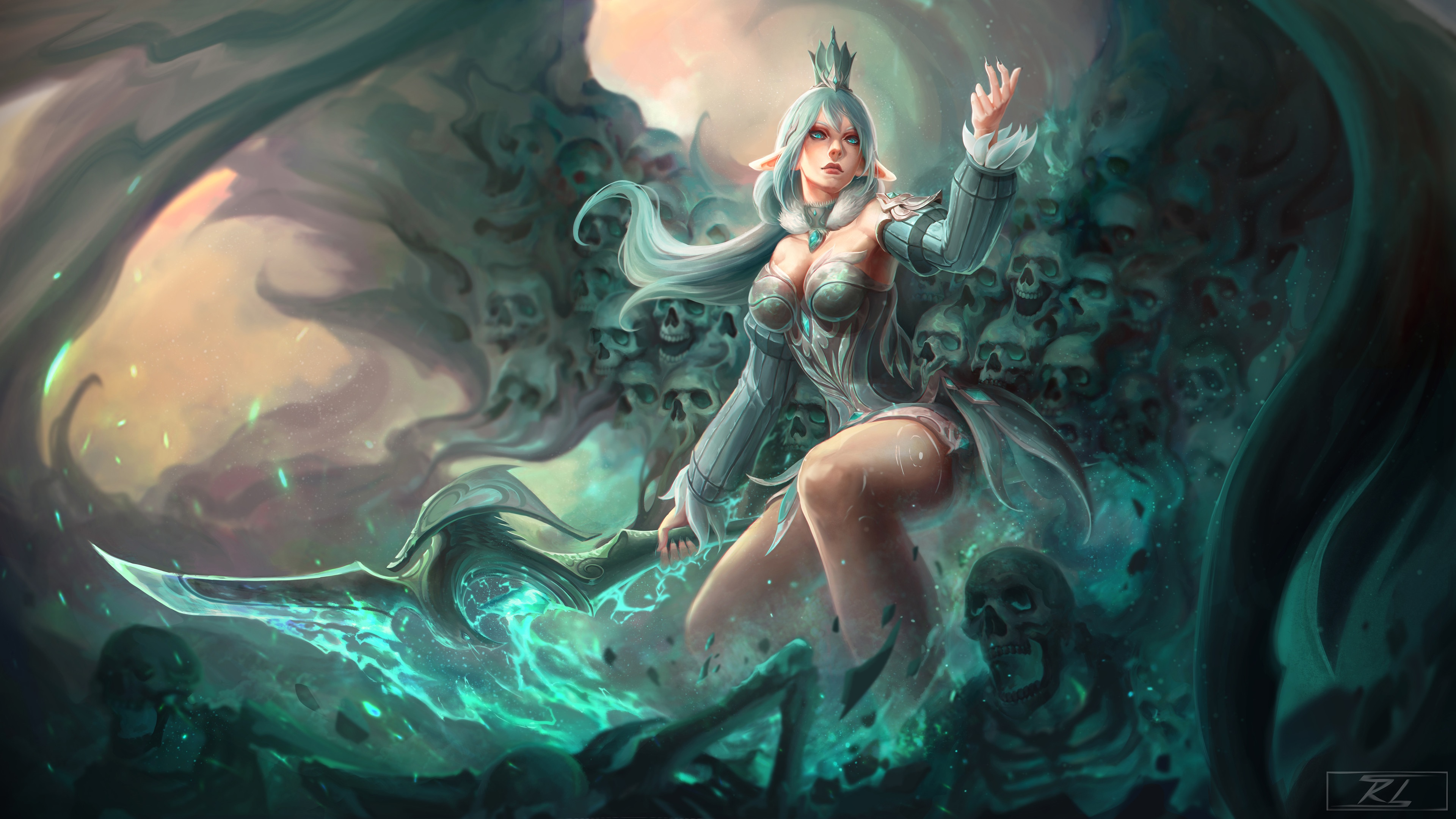 4K Fantasy Art of an Elf Magician with Skulls HD Wallpaper