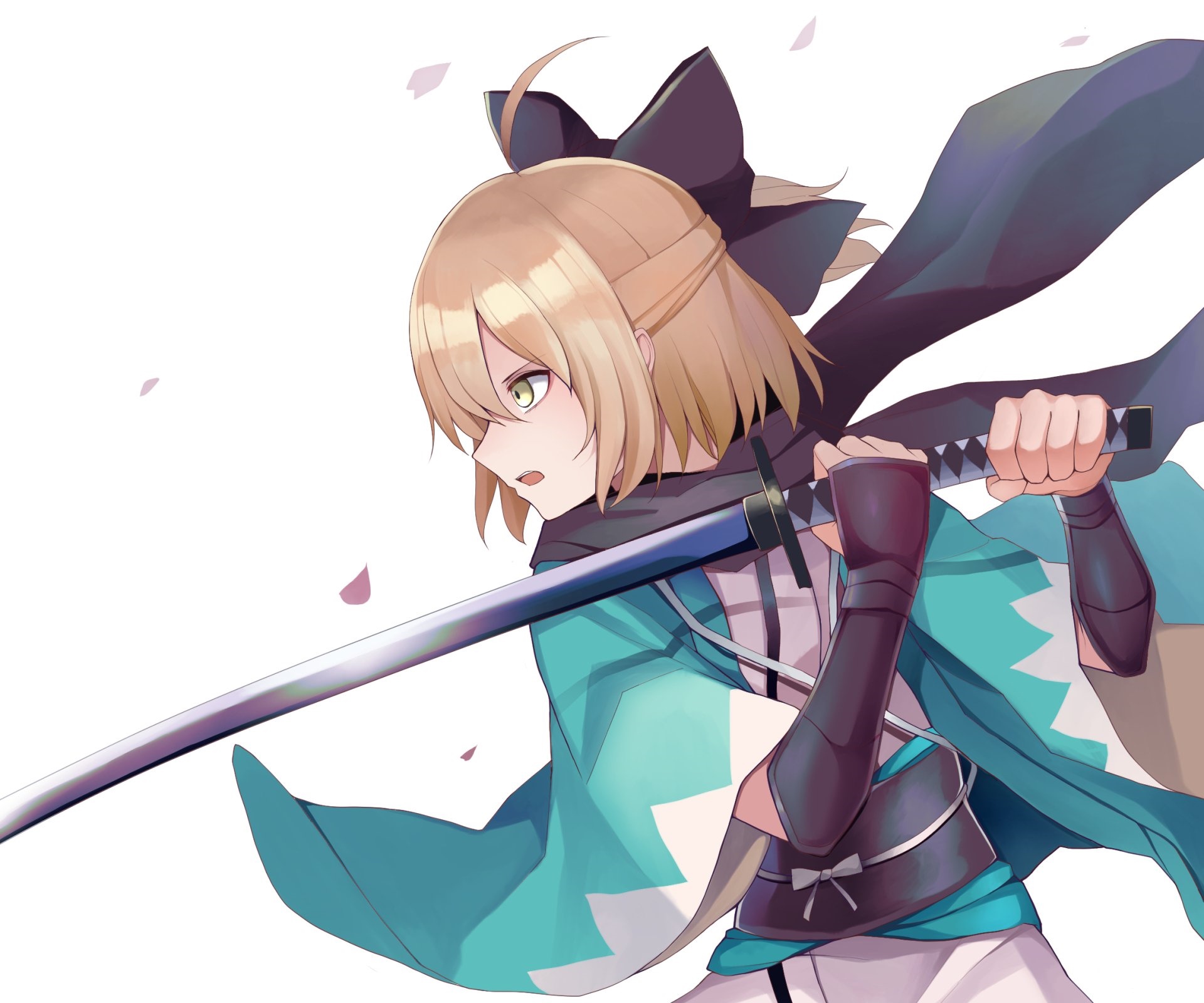 Okita Souji with a katana on a white background HD Wallpaper