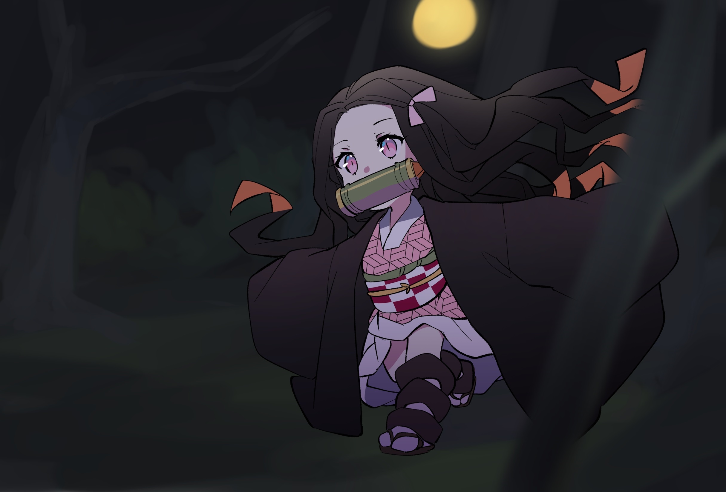 Kamado Nezuko running in a dark forest under the moon HD Wallpaper
