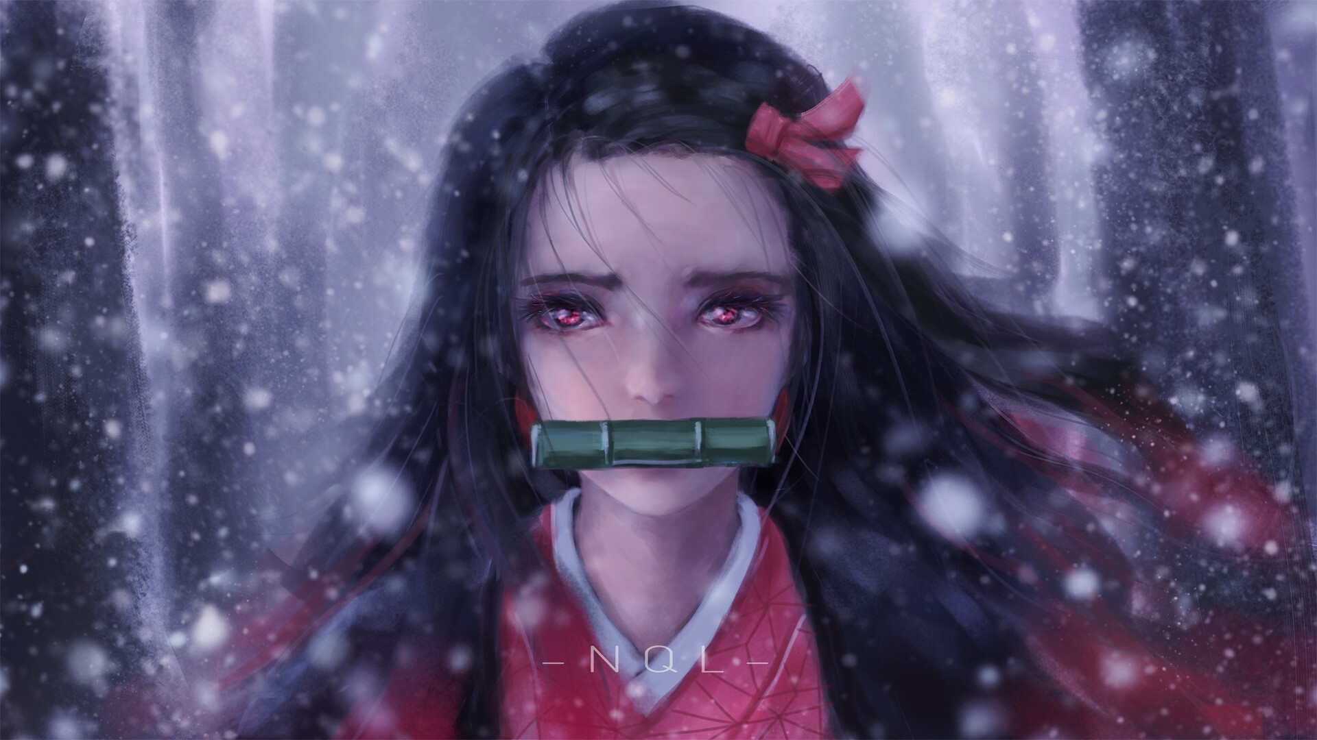 Kamado Nezuko in a Snowy Forest HD Wallpaper