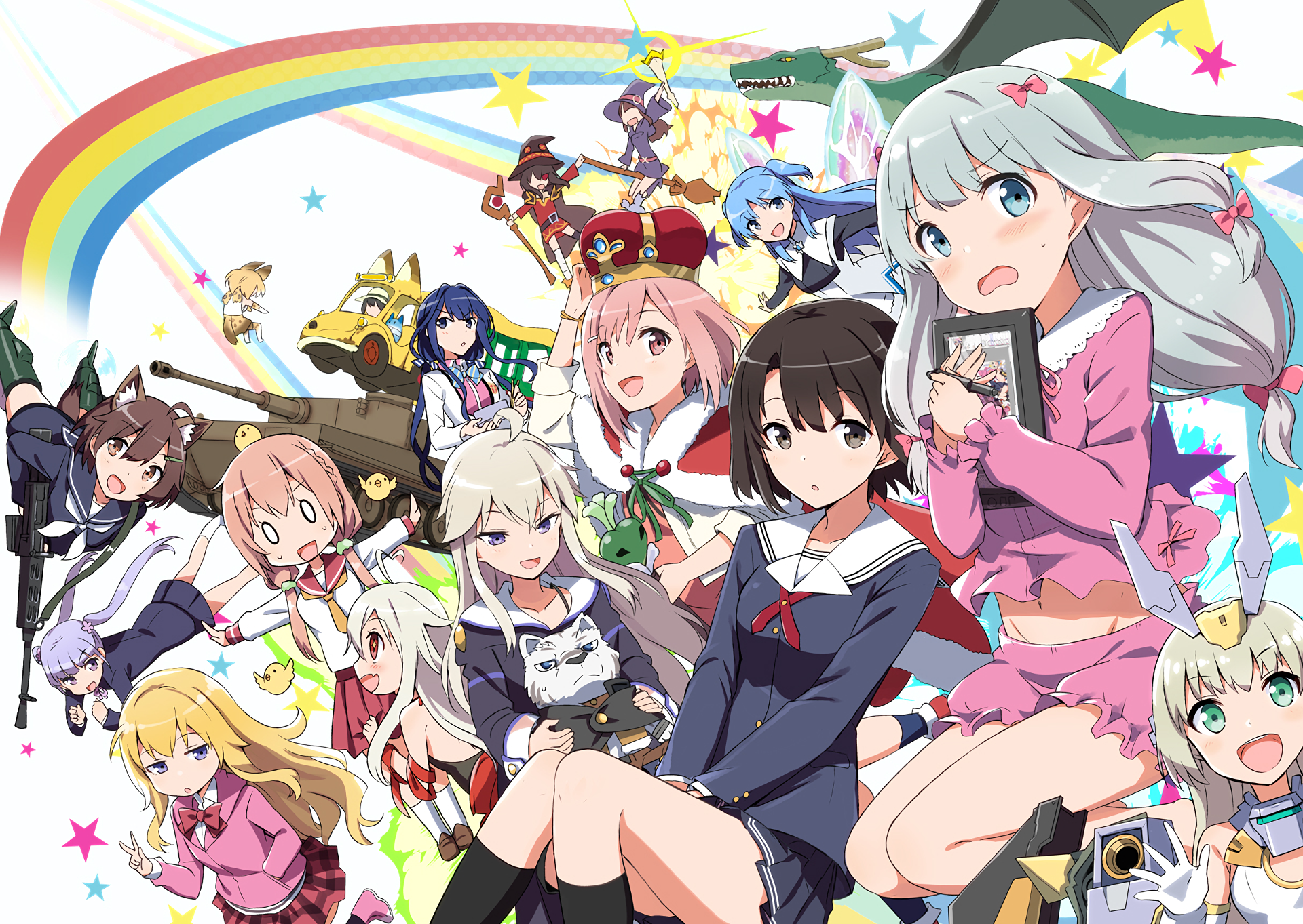 Anime Girls with a Tank and Dragon HD Wallpaper