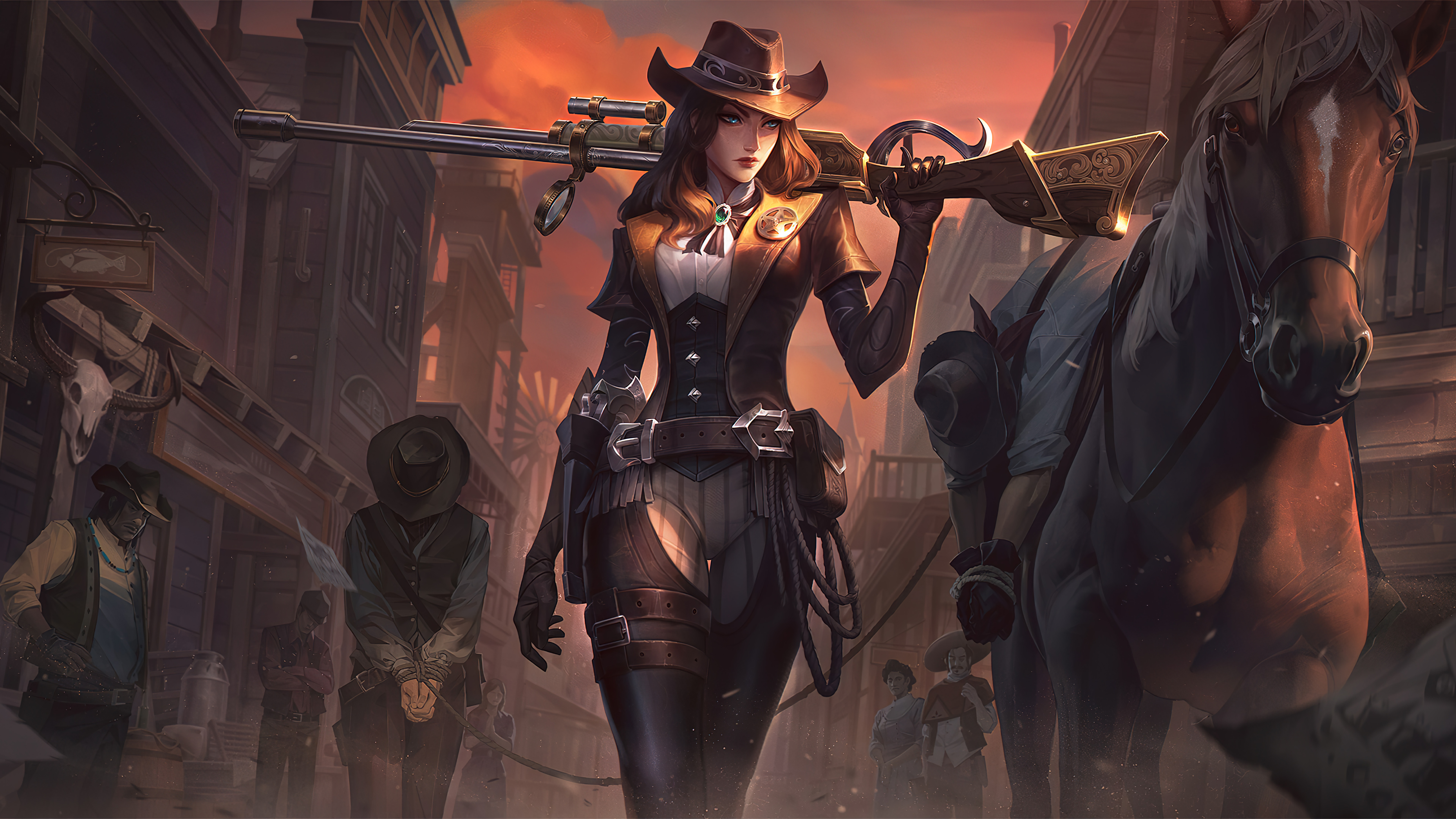 Caitlyn from League of Legends in a Western town HD Wallpaper