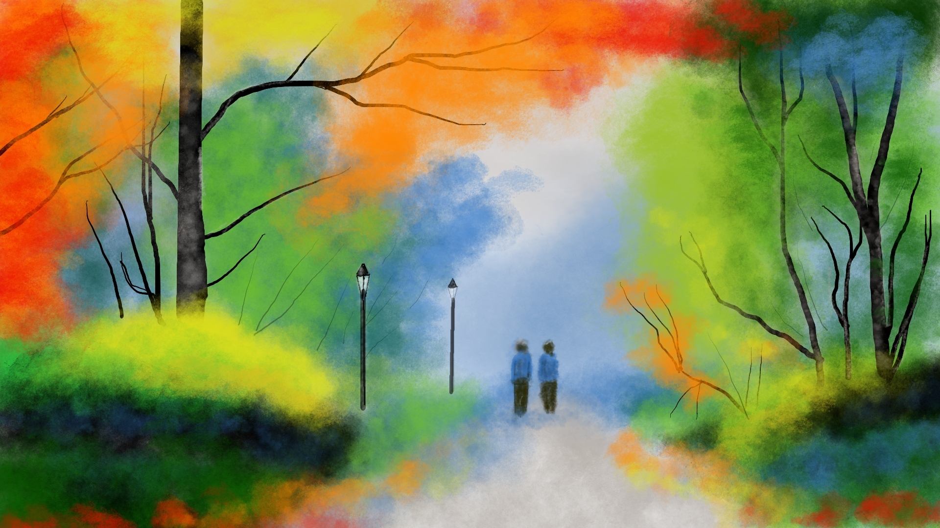 Digital painting of a colorful park in fall HD Wallpaper
