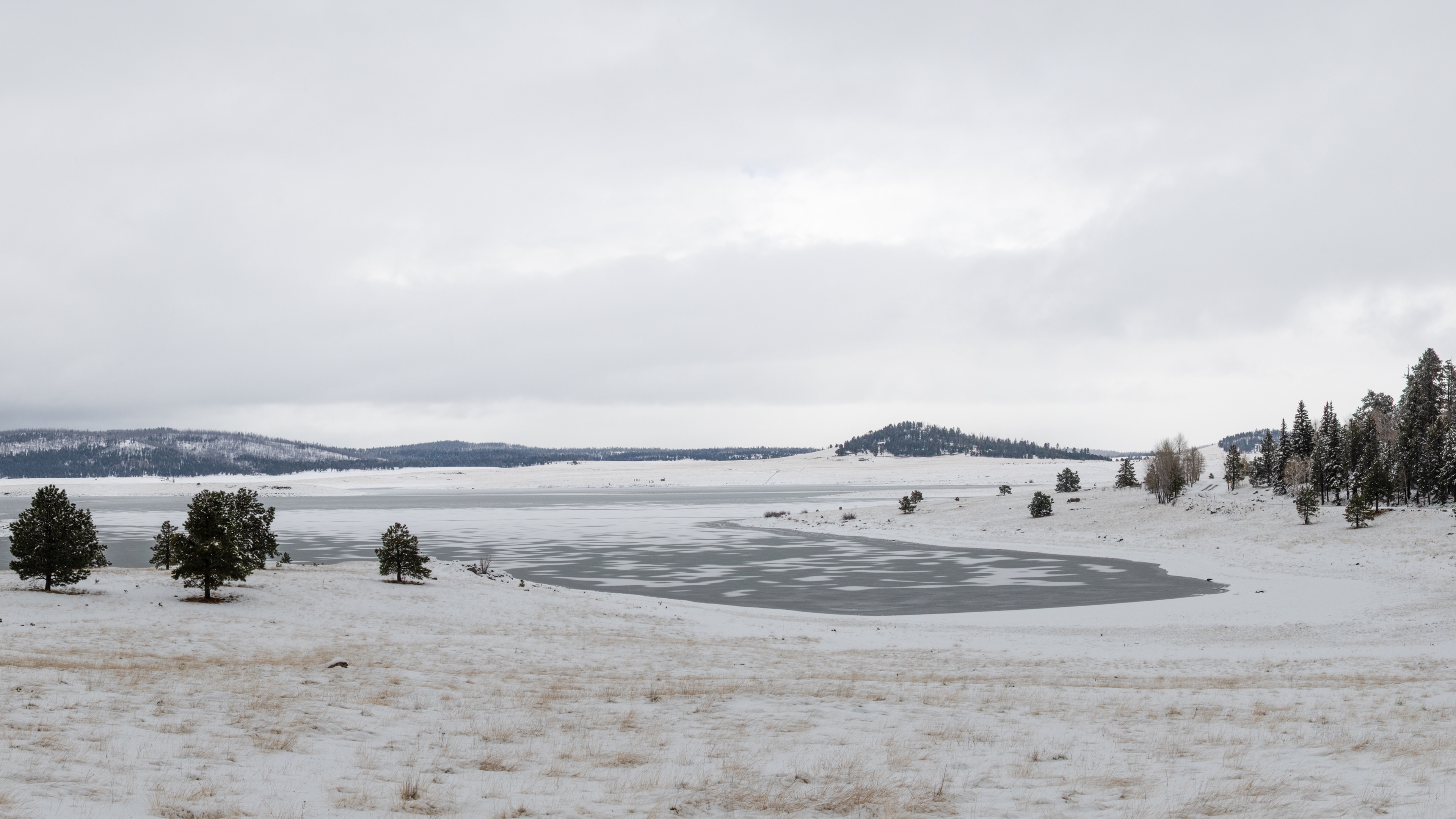 Snowy landscape with frozen lake and pine trees HD Wallpaper