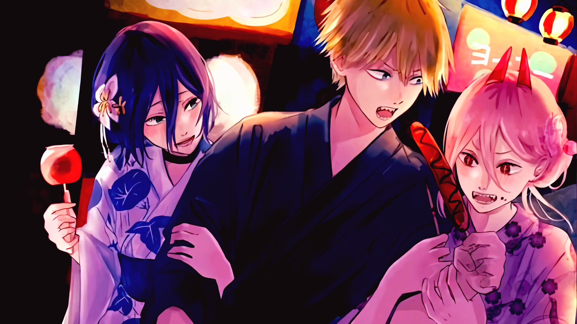 Chainsaw Man Denji, Power, and Reze at a Festival HD Wallpaper