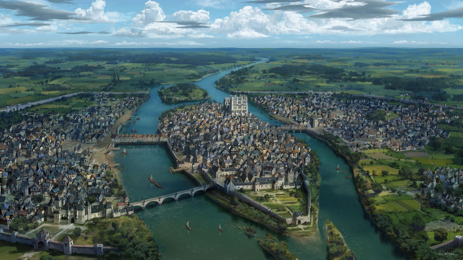 Fantasy city on a river with a large central building HD Wallpaper