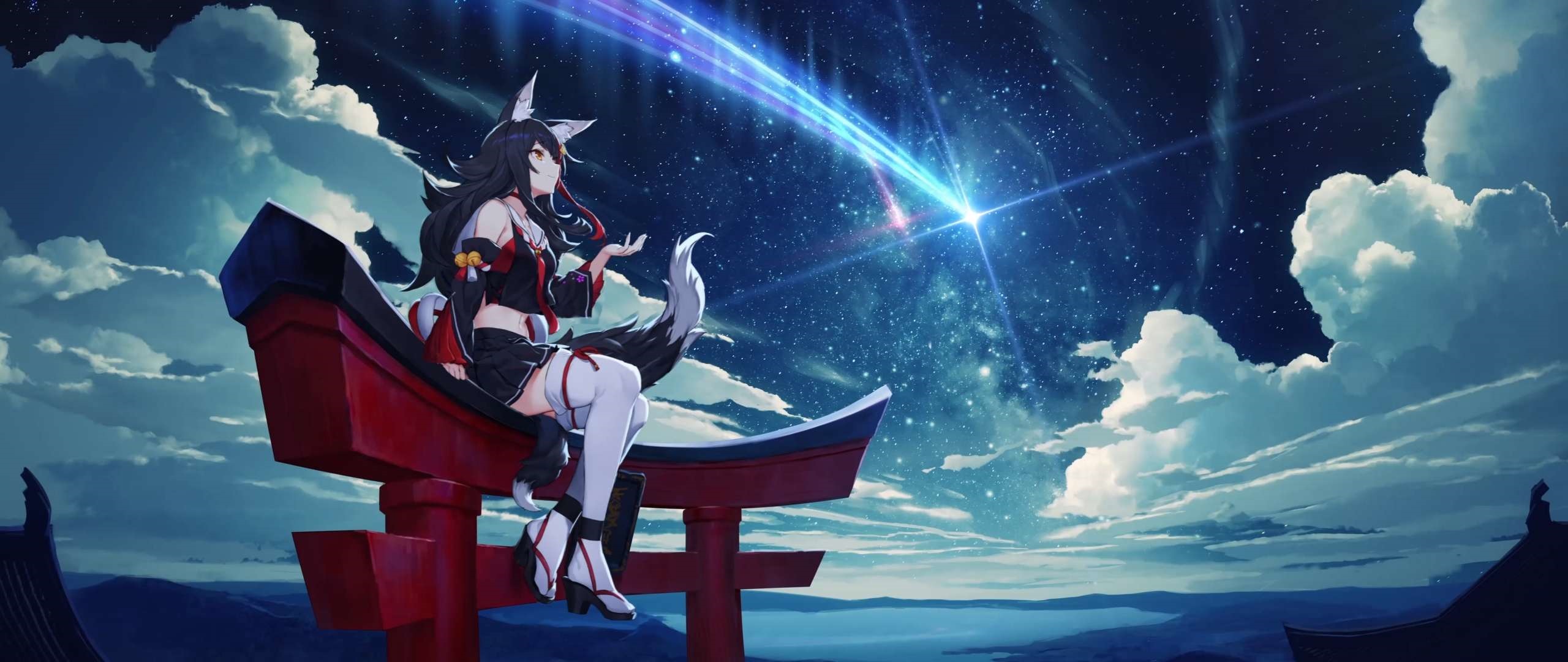 Ookami Mio watches shooting stars from a torii gate HD Wallpaper