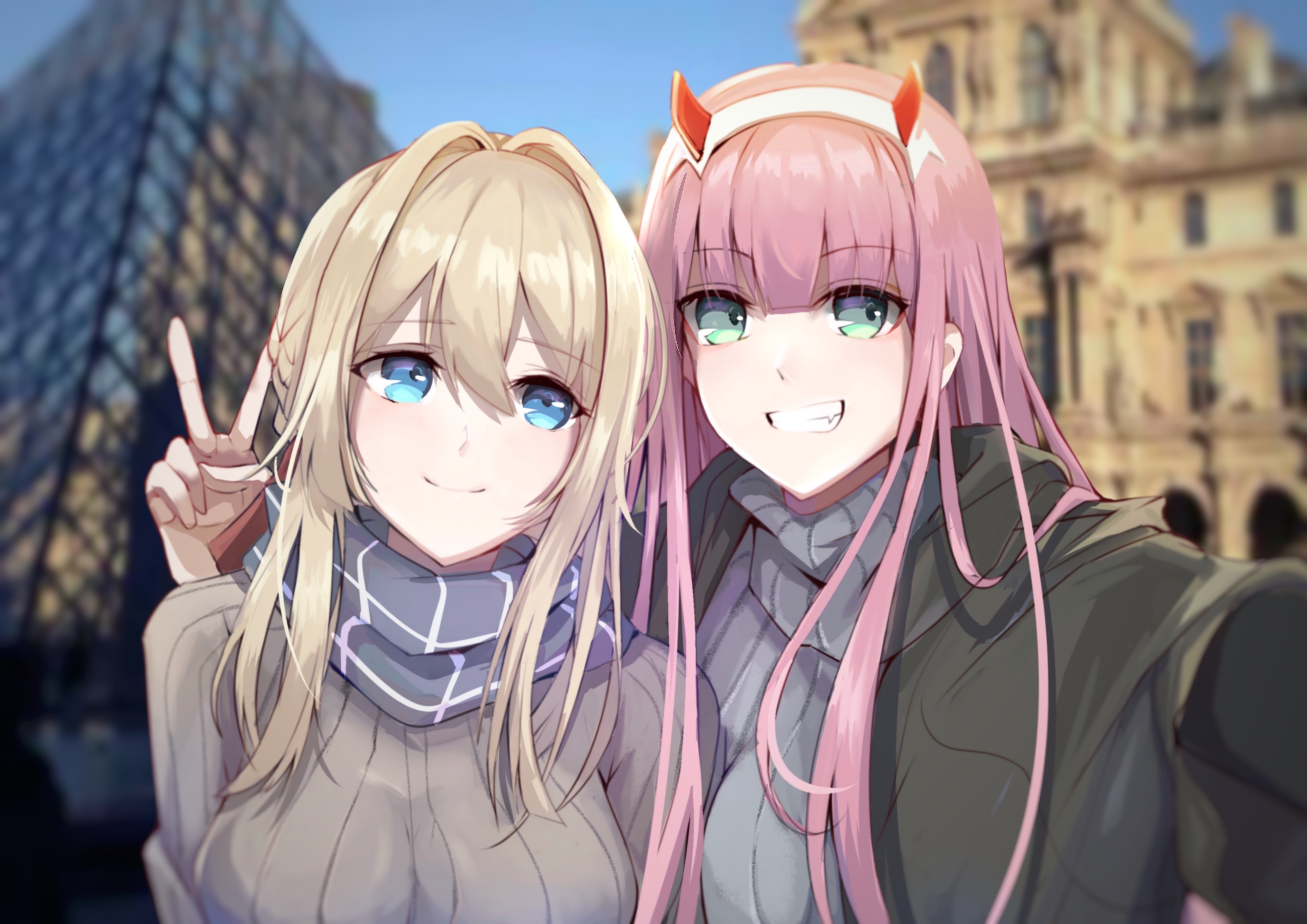 Zero Two and Violet Evergarden taking a selfie in Paris HD Wallpaper