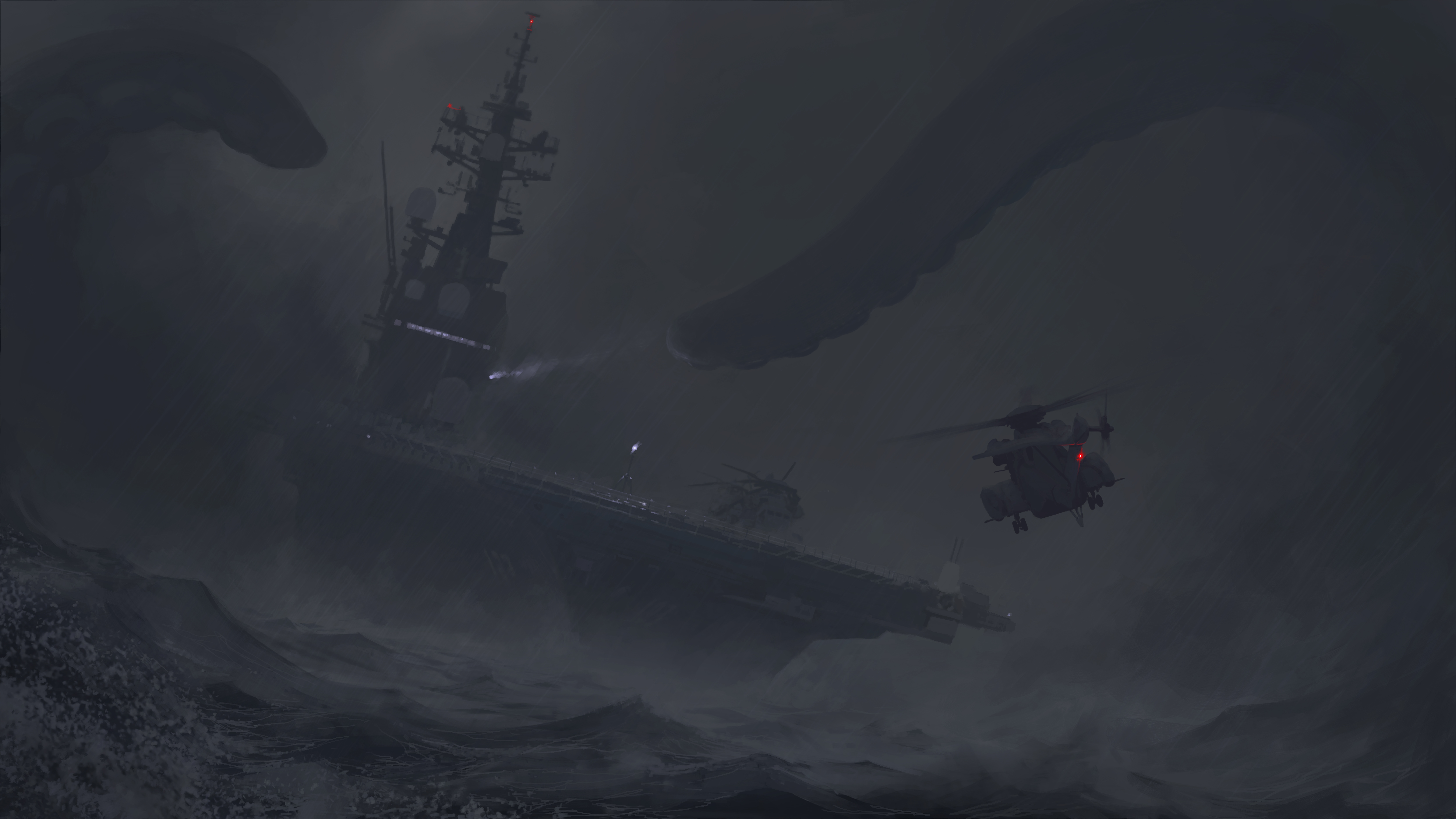 4K Aircraft Carrier and Helicopters in a Storm with Sea Monster Tentacles HD Wallpaper