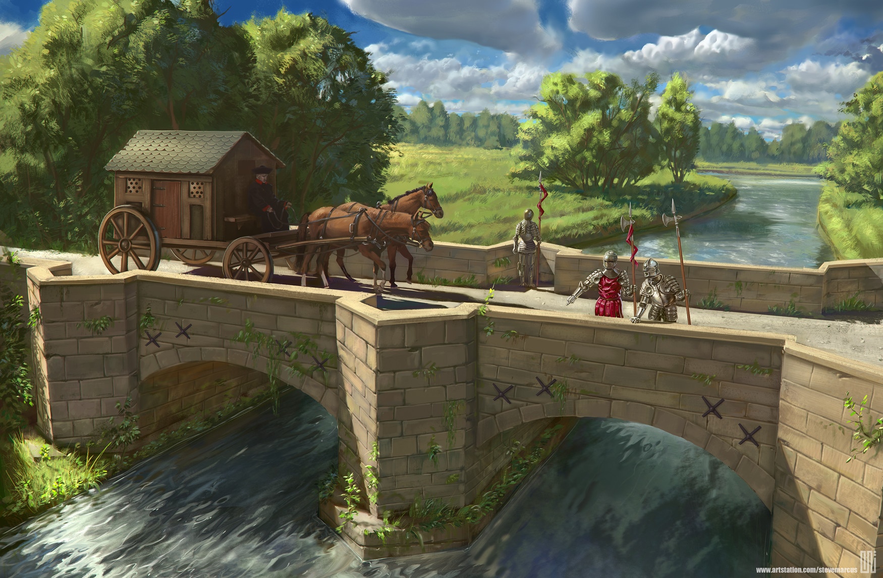 Camille Sule's medieval bridge with knights and carriage HD Wallpaper