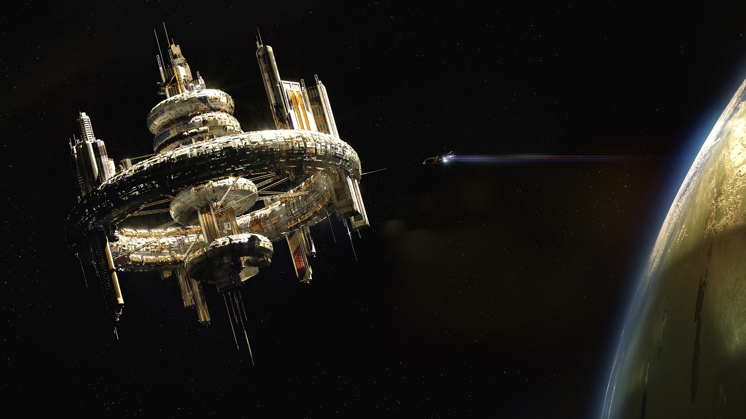 Science fiction space station near a planet HD Wallpaper