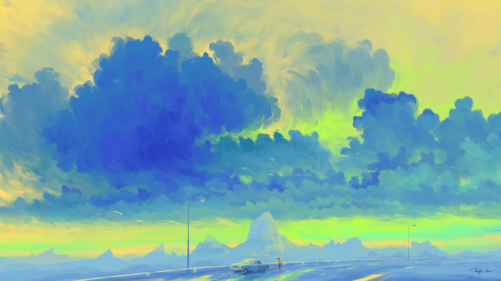 Digital painting of a car and person on a road HD Wallpaper