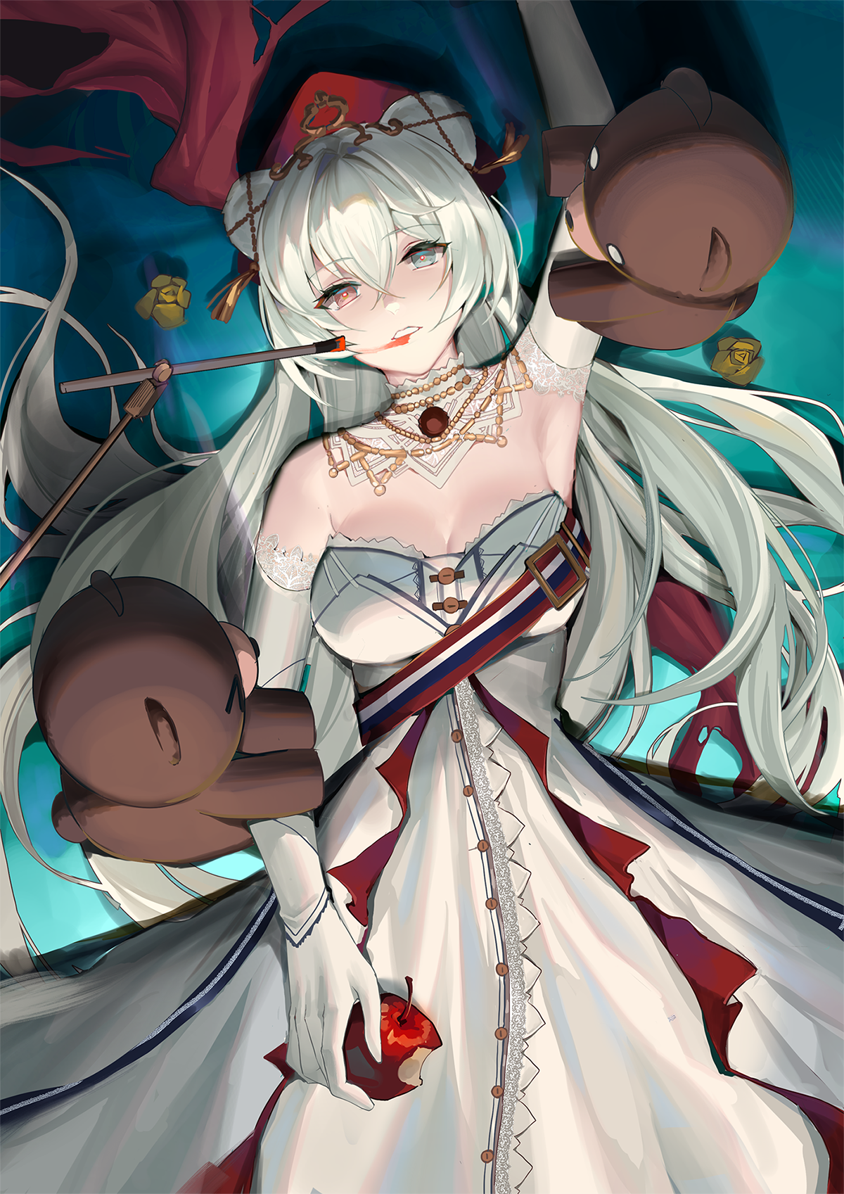 Rosa from Arknights with teddy bears and an apple HD Phone Wallpaper