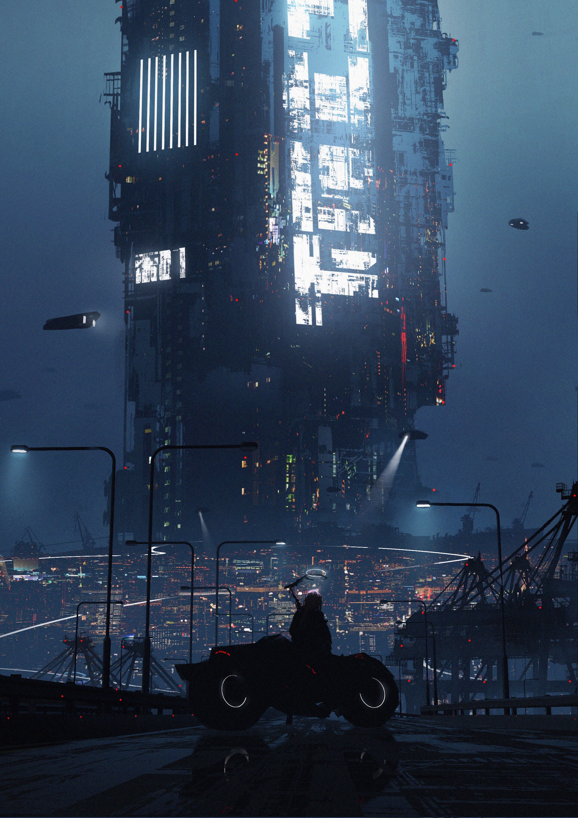 Cyberpunk city with a motorcycle rider HD Phone Wallpaper