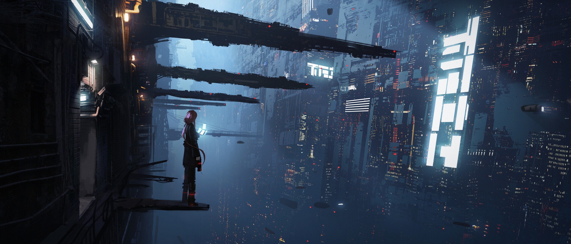 Cyberpunk city with a person looking out HD Wallpaper