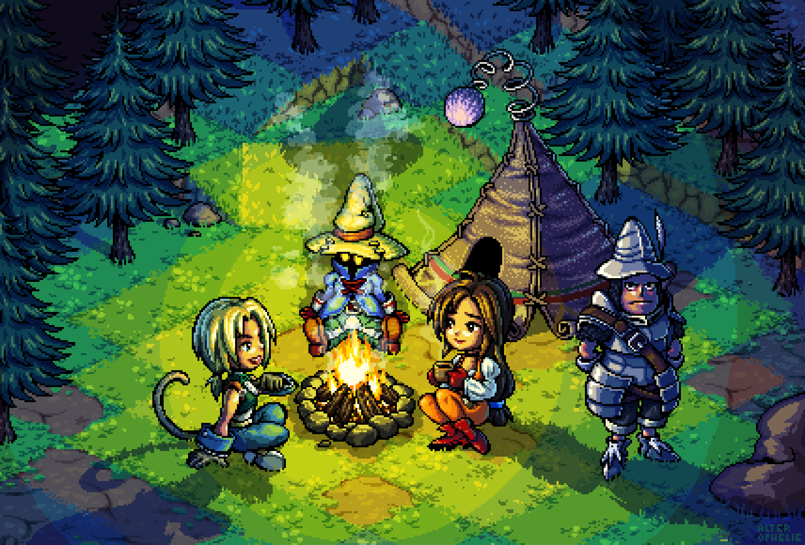 Final Fantasy IX characters camping in a forest HD Wallpaper